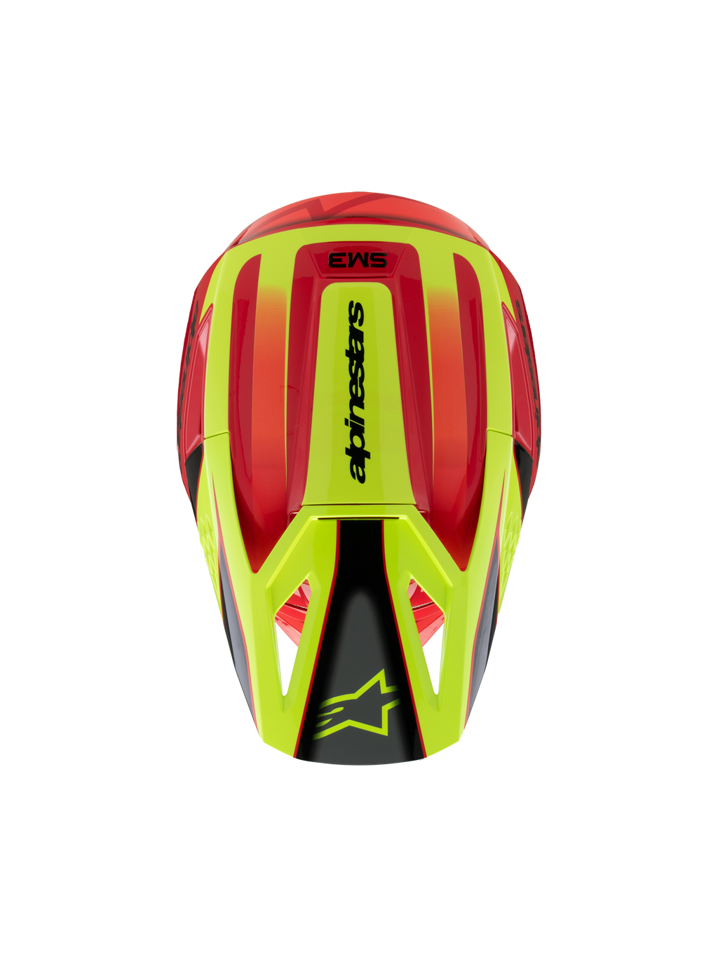 Alpinestars S-M3 Youth Fray Helm, jeugd motocrosshelm, rood en fluorescerend geel met zwarte glossy afwerking, bovenaanzicht met aerodynamische schaal en Alpinestars-logo op de klep