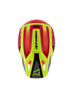 Alpinestars S-M3 Youth Fray Helm, jeugd motocrosshelm, rood en fluorescerend geel met zwarte glossy afwerking, bovenaanzicht met aerodynamische schaal en Alpinestars-logo op de klep