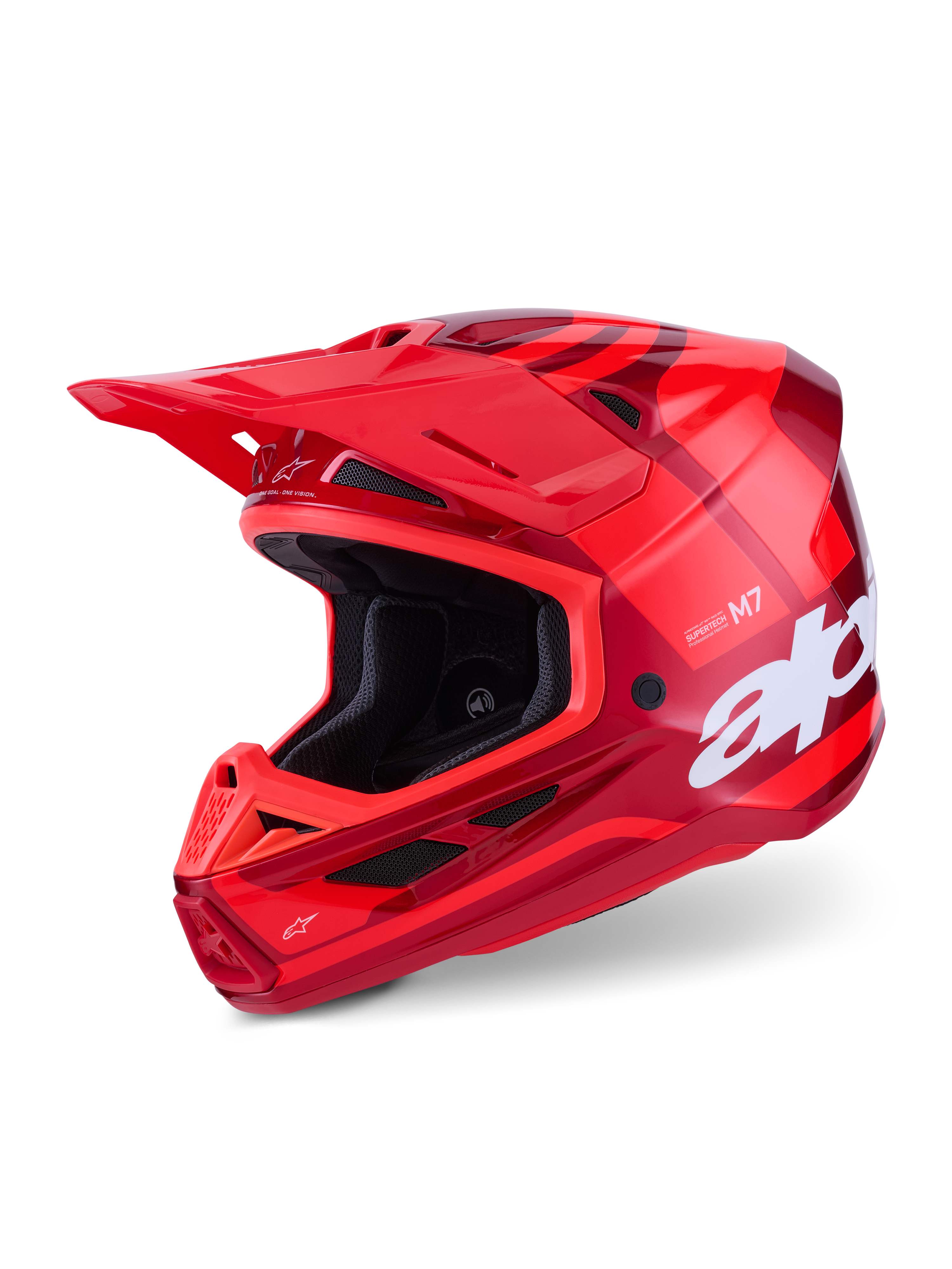 Alpinestars S-M7 Core Helmet, Motocross Helmet, Glossy Red, multi-tone red graphics with large white branding, aerodynamic composite shell with multiple ventilation ports and adjustable visor, professional off-road racing gear