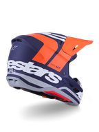 Alpinestars S-M7 Core Helmet, Motocross Helmet, Orange and Blue Matt, rear-side view featuring bold white Alpinestars branding across the back, bright orange visor, aerodynamic composite shell with grey accents, professional off-road racing protection