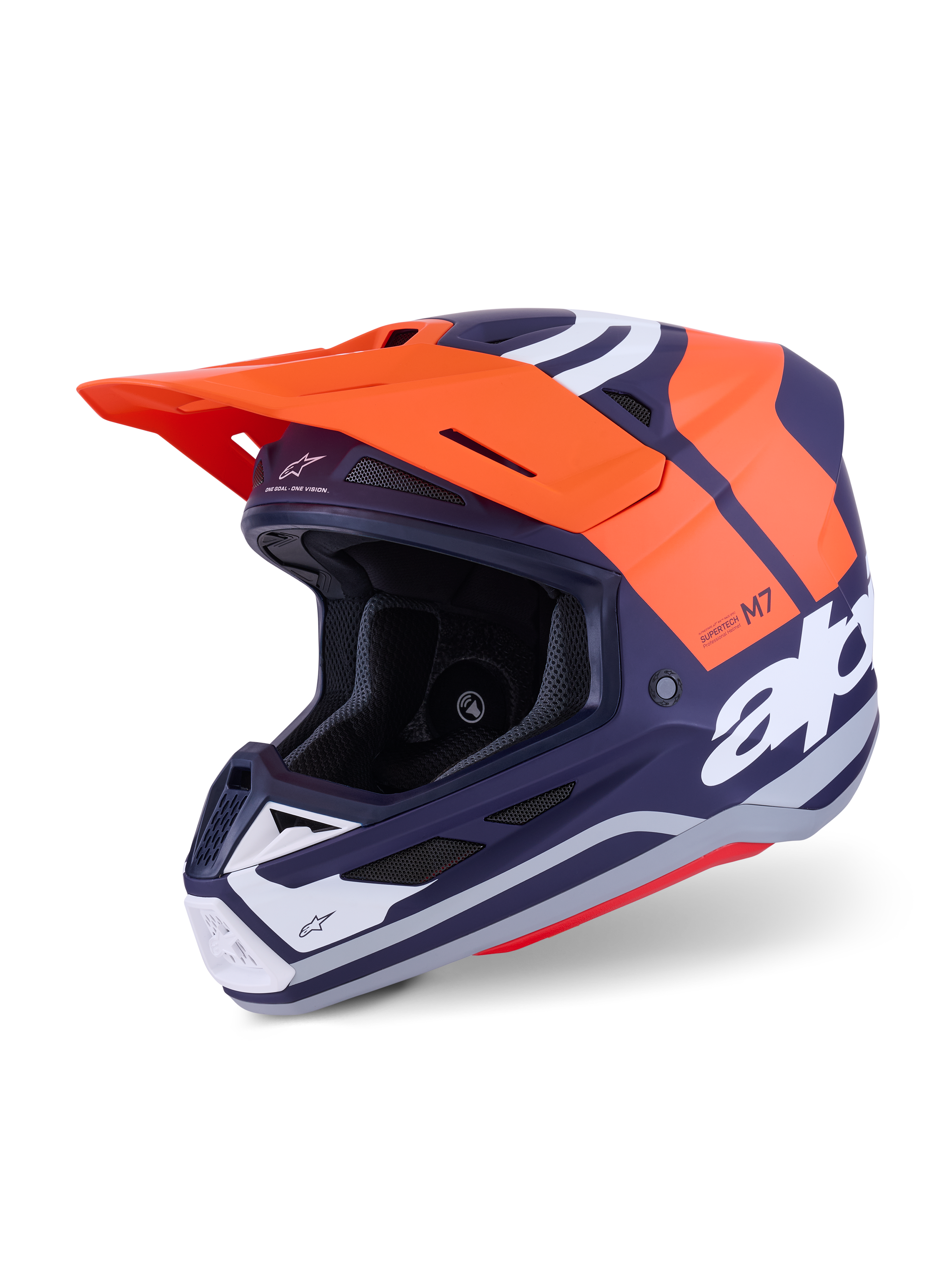Alpinestars S-M7 Core Helmet ECE 22.06, Motocross Helmet, Orange and Navy Blue Matt, featuring bold white branding, aerodynamic shell with integrated ventilation, orange visor, and professional-grade construction for off-road racing.