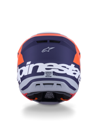 Alpinestars S-M7 Core Helmet ECE 22.06, Motocross Helmet, Orange and Blue Matt, rear view featuring large white Alpinestars branding and Astars logo, sleek aerodynamic design with integrated exhaust ports, professional-grade off-road protection