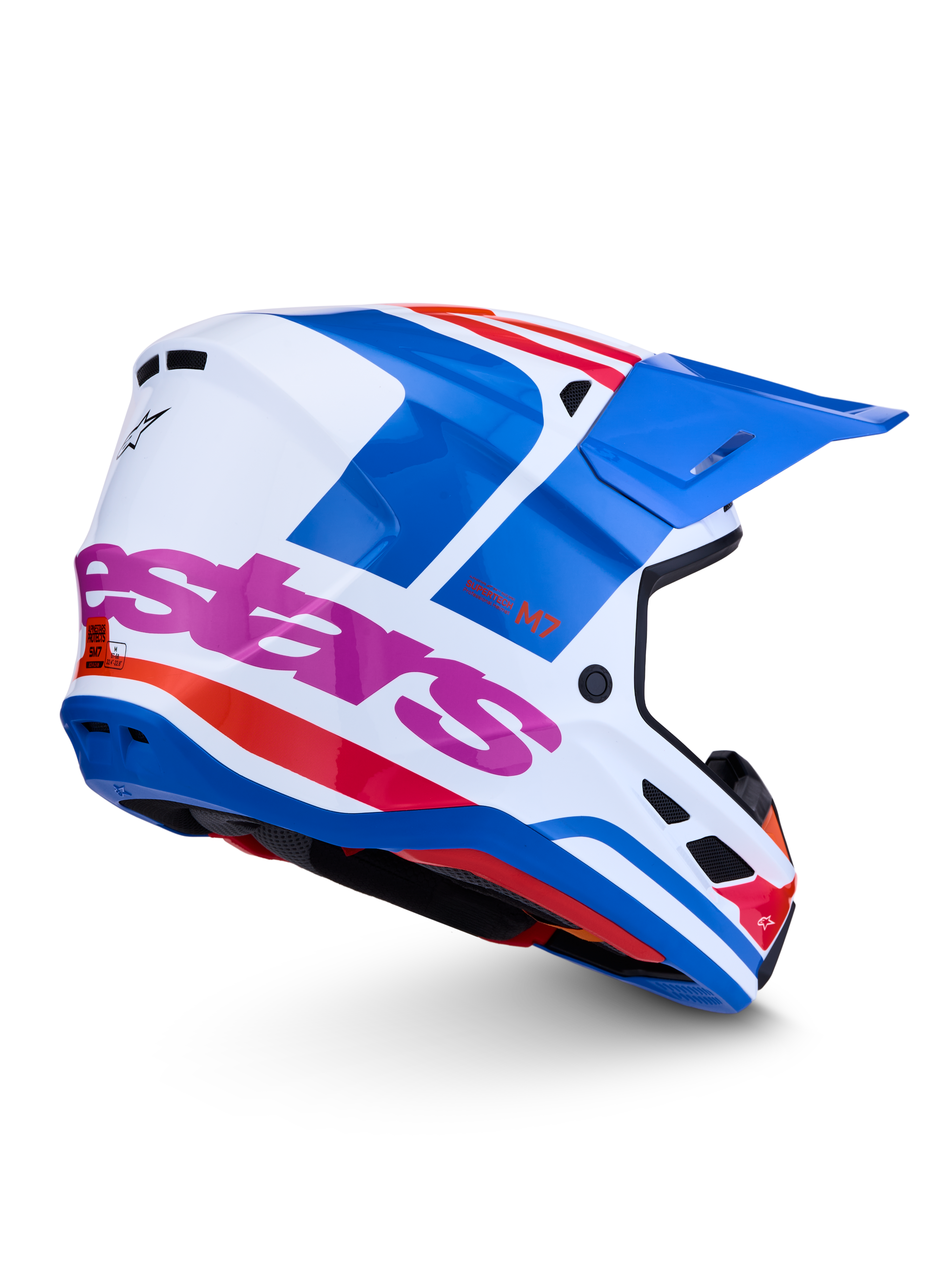 Alpinestars S-M7 Core motorcrosshelm, glanzend wit en blauw met roze accenten, ECE 22.06-gecertificeerd