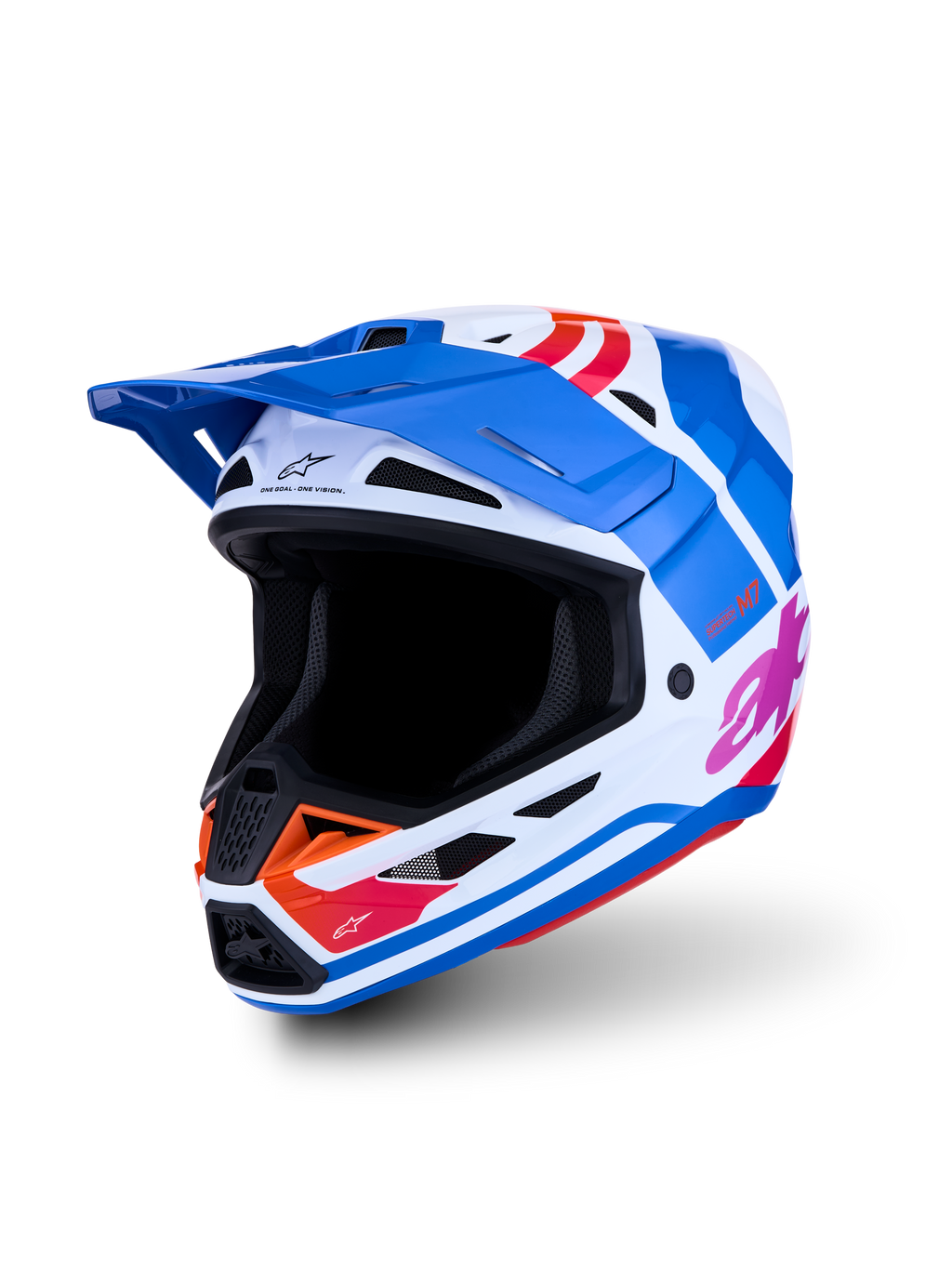 Alpinestars S-M7 Core helm ECE06, blauw en witte motorcrosshelm met glanzende oranje en roze graphics, voor off-road racing, ECE-gecertificeerd