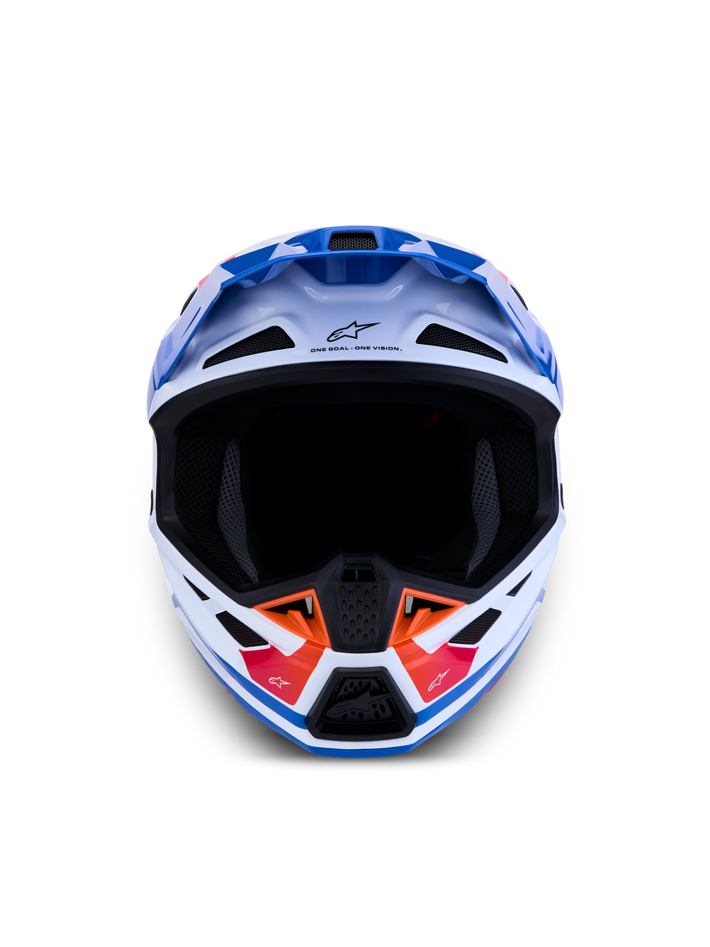 Alpinestars S-M7 Core helm ECE06, motocrosshelm, wit en blauw met oranje accenten, geavanceerde ventilatie en aerodynamisch ontwerp, ECE-gecertificeerd