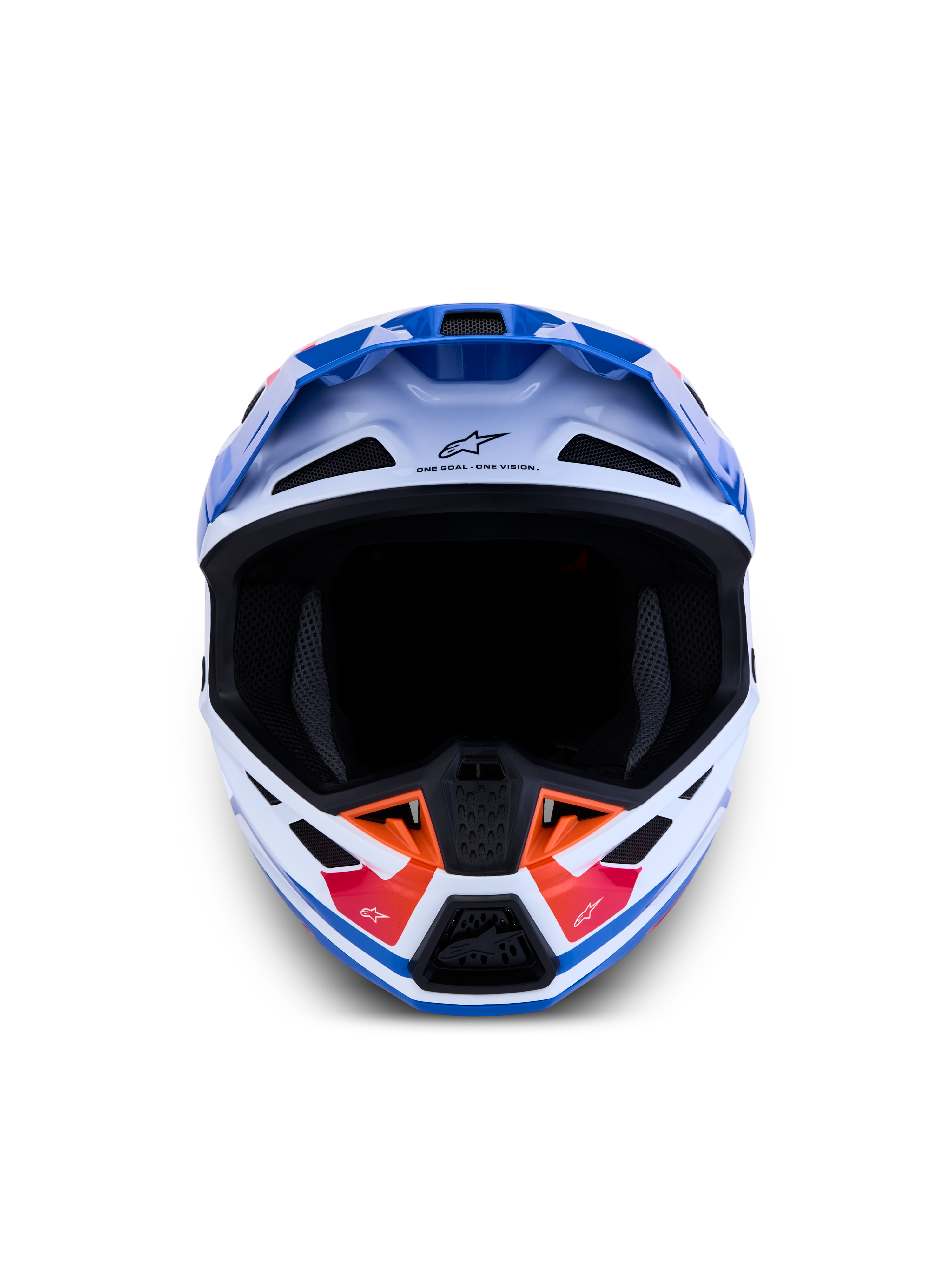 Alpinestars S-M7 Core helm ECE06, motocrosshelm, wit en blauw met oranje accenten, geavanceerde ventilatie en aerodynamisch ontwerp, ECE-gecertificeerd