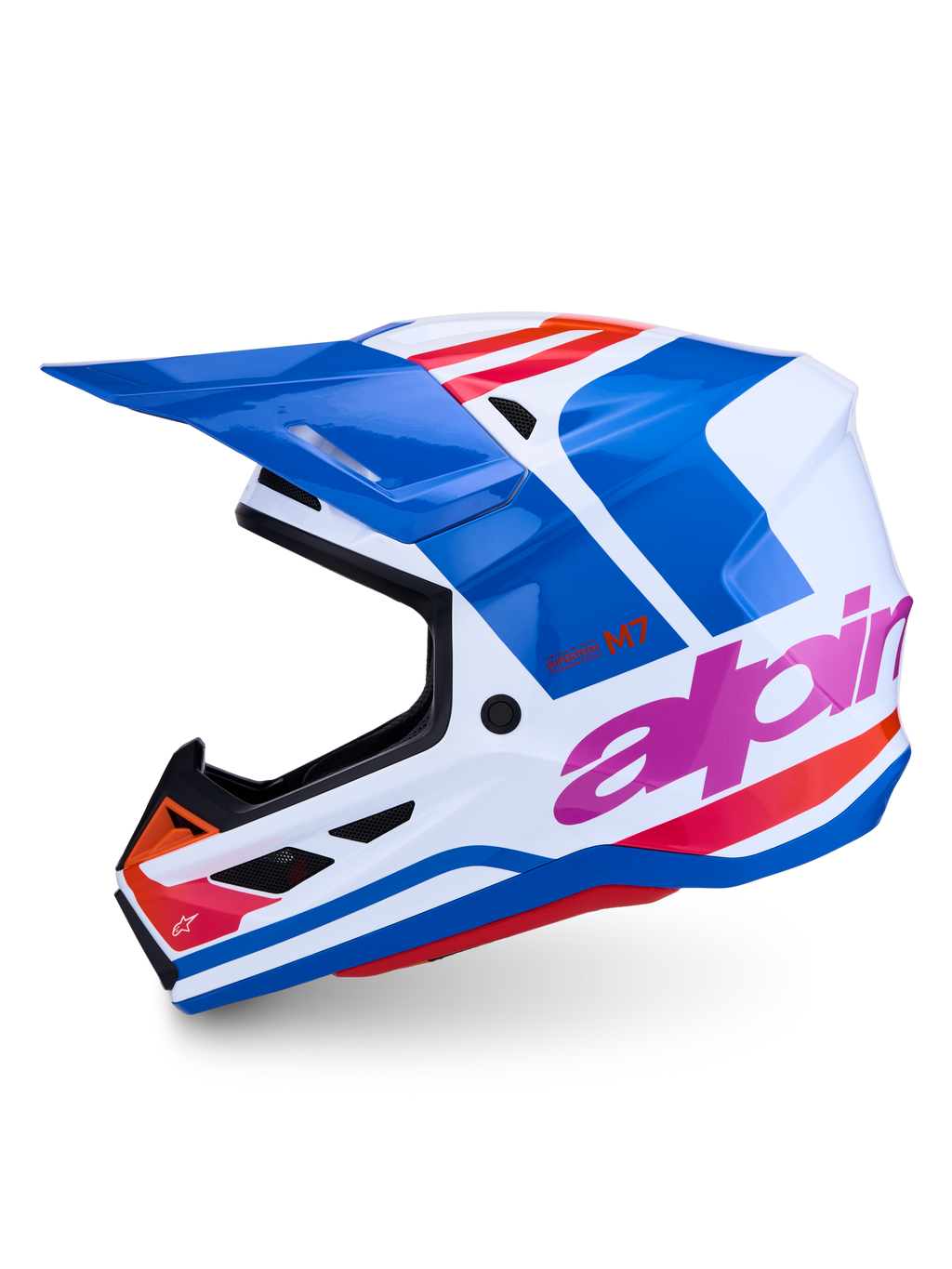 Alpinestars S-M7 Core helm, professionele motorcrosshelm, blauw en wit met roze en oranje accenten, glanzende afwerking, ECE-gecertificeerd, lichtgewicht composietconstructie voor off-road racing.