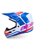 Alpinestars S-M7 Core helm, professionele motorcrosshelm, blauw en wit met roze en oranje accenten, glanzende afwerking, ECE-gecertificeerd, lichtgewicht composietconstructie voor off-road racing.