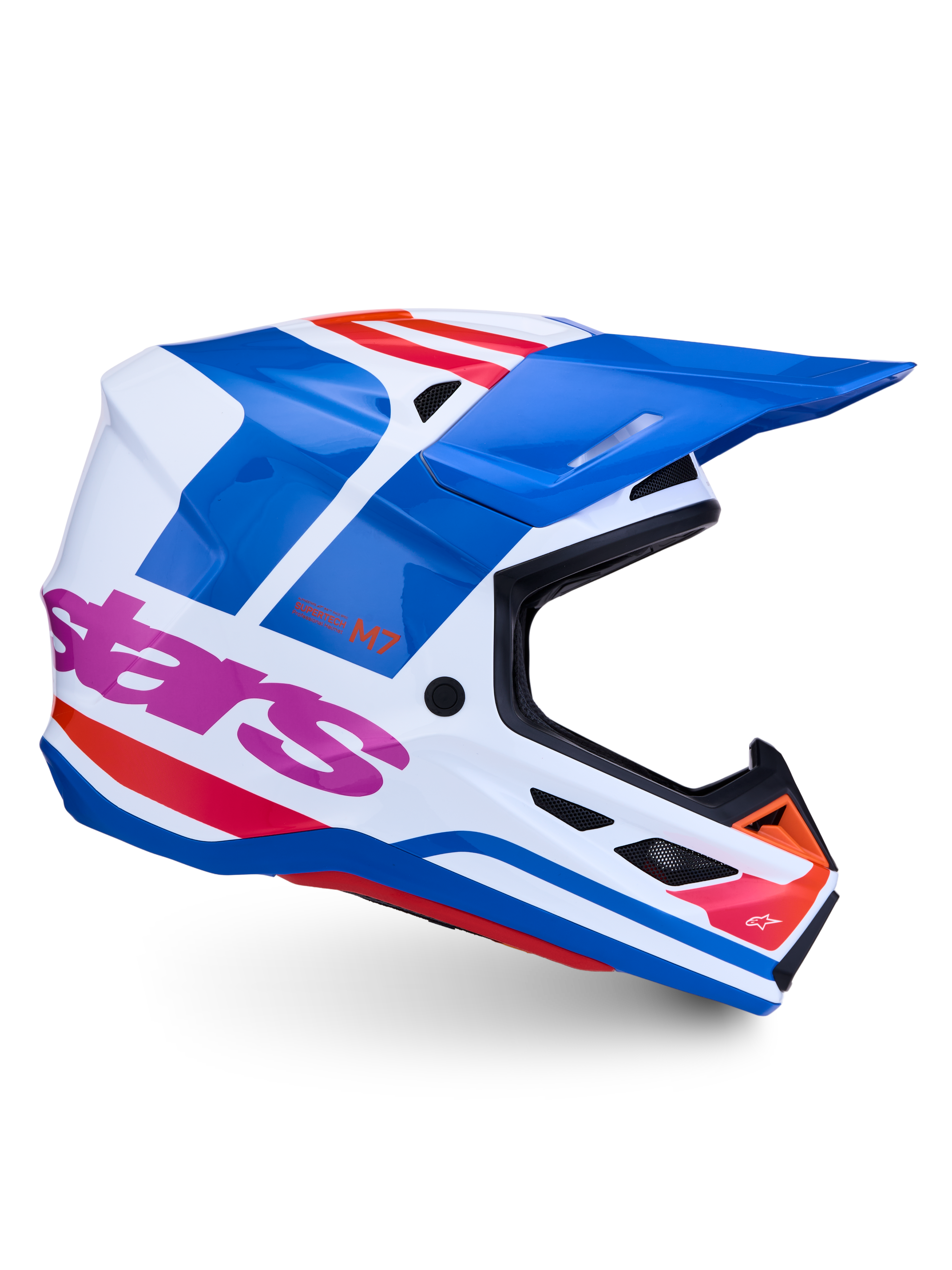 Alpinestars S-M7 Core Helmet ECE06, motocross helmet in white, blue, and pink glossy finish with ECE 22.06 certification.