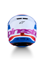 Alpinestars S-M7 Core motorcrosshelm in wit en blauw met roze en oranje accenten, ECE 22.06-gecertificeerd, achteraanzicht.