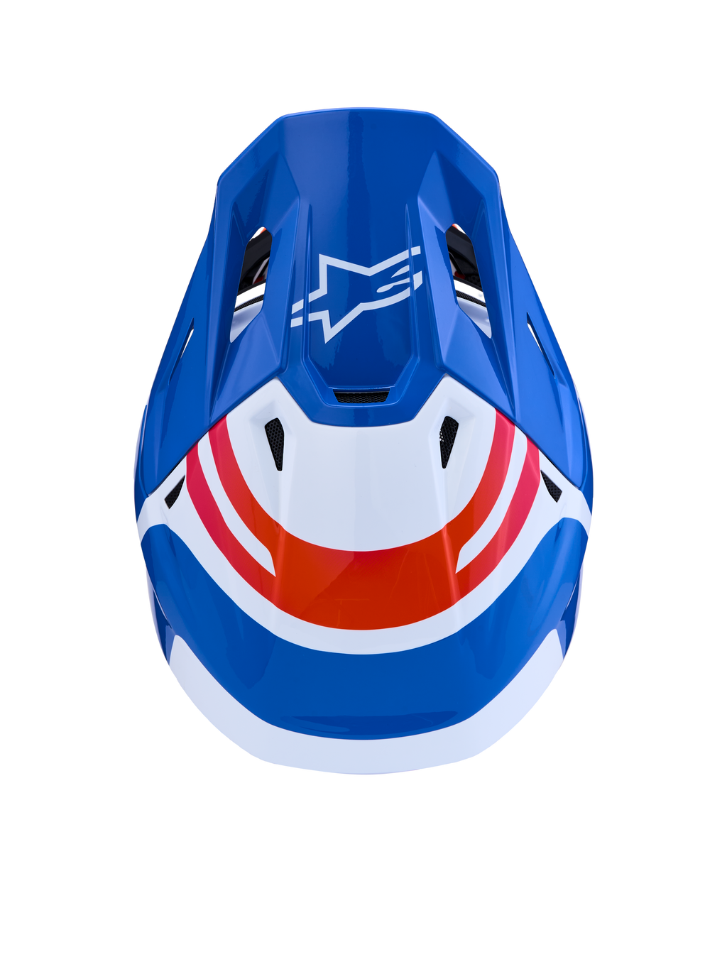 Alpinestars S-M7 Core helm ECE06, blauw-witte motocrosshelm met oranje accenten en Astar-logo, bovenaanzicht.