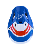 Alpinestars S-M7 Core helm ECE06, blauw-witte motocrosshelm met oranje accenten en Astar-logo, bovenaanzicht.