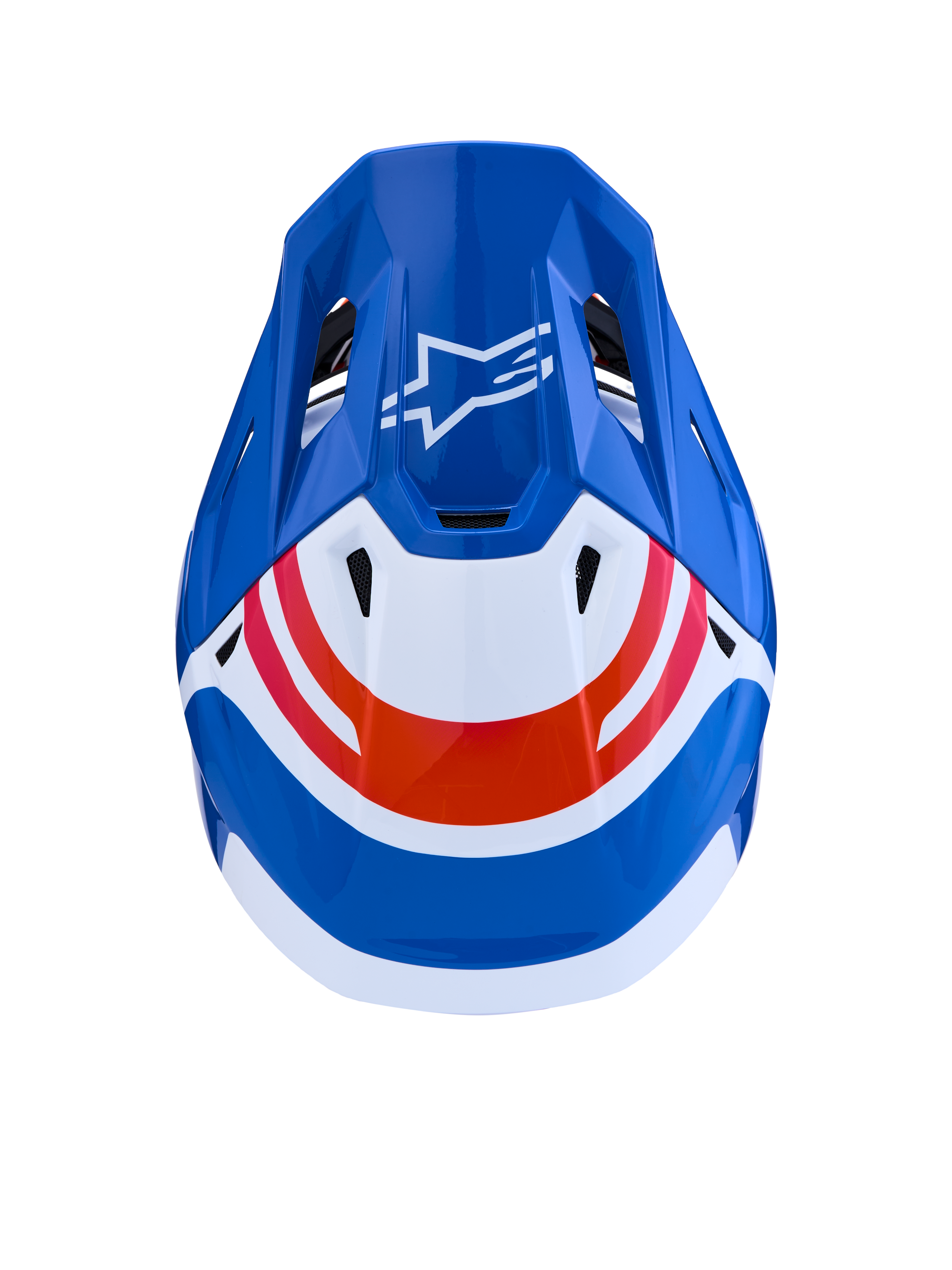 Alpinestars S-M7 Core helm ECE06, blauw-witte motocrosshelm met oranje accenten en Astar-logo, bovenaanzicht.