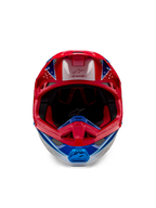 Alpinestars Supertech M10 Aeon ECE 22.06 Helmet, Motocross Helmet, Bright Red Blue Glossy, front-facing view featuring an aerodynamic shell, ventilated chin bar, and red interior padding, bold glossy finish for off-road racing.
