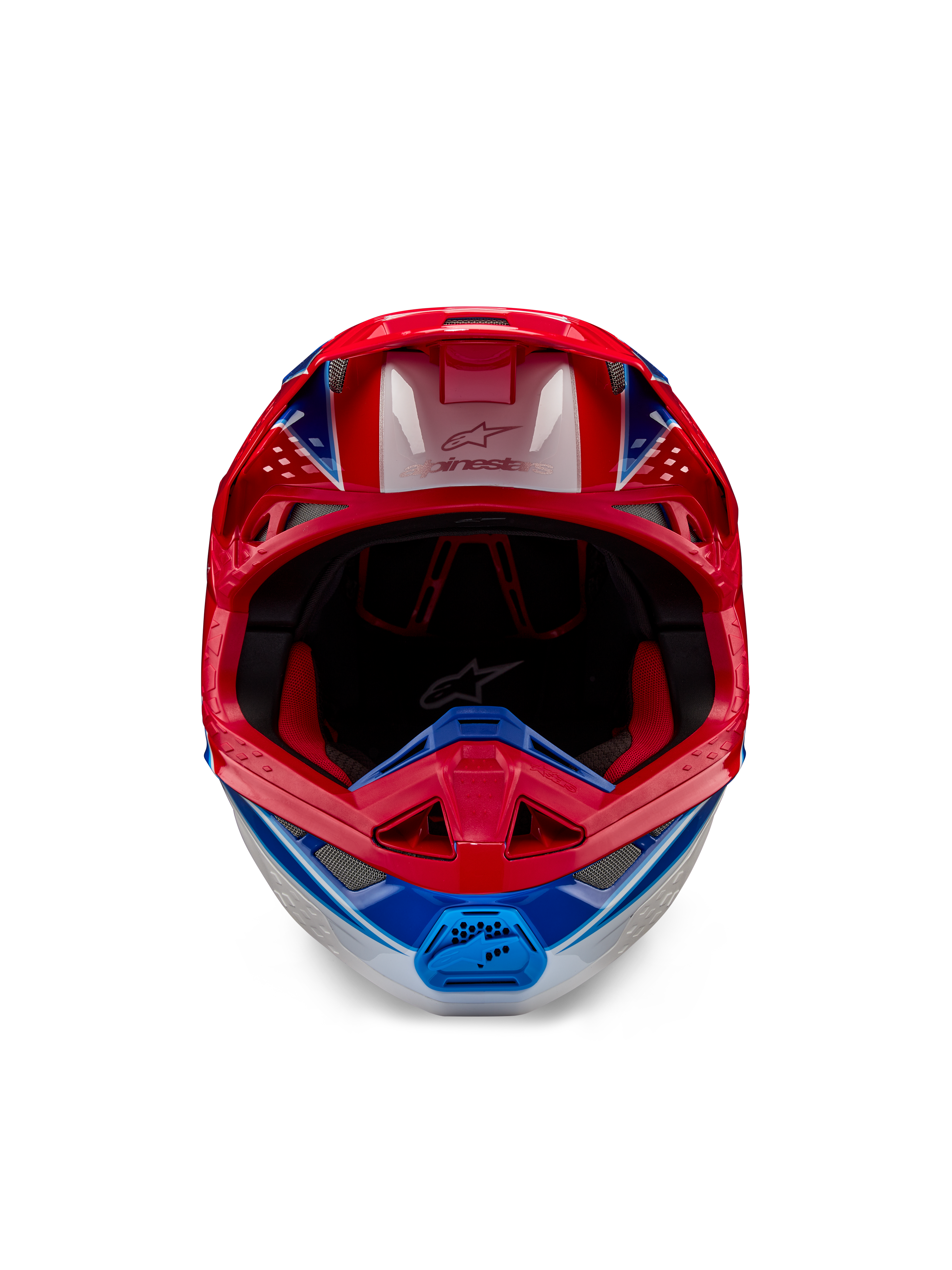 Alpinestars Supertech M10 Aeon ECE 22.06 Helmet, Motocross Helmet, Bright Red Blue Glossy, front-facing view featuring an aerodynamic shell, ventilated chin bar, and red interior padding, bold glossy finish for off-road racing.