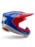 Alpinestars Supertech M10 Aeon Helmet, Motocross Racing Helmet, Bright Red, Blue and White, glossy finish, aerodynamic side profile with multiple mesh-covered air vents, angular contours and peak visor