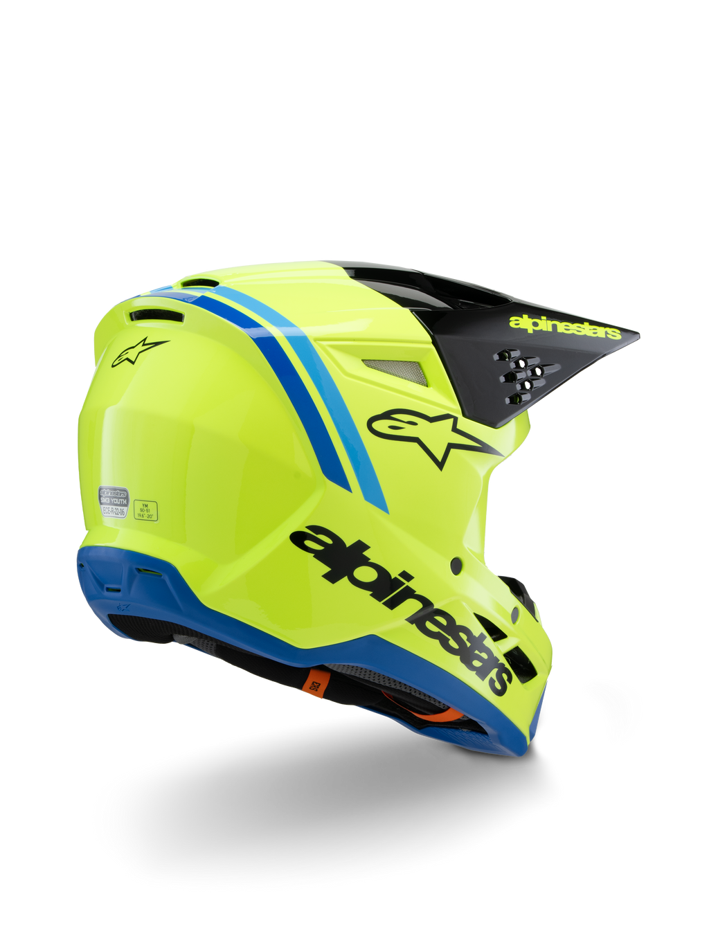 Alpinestars S-M3 Youth Radium Helm ECE 22.06, motorcrosshelm, fluogeel met zwarte en blauwe accenten, driekwart achteraanzicht met zwart vizier, geel logo en blauwe rand aan de onderkant