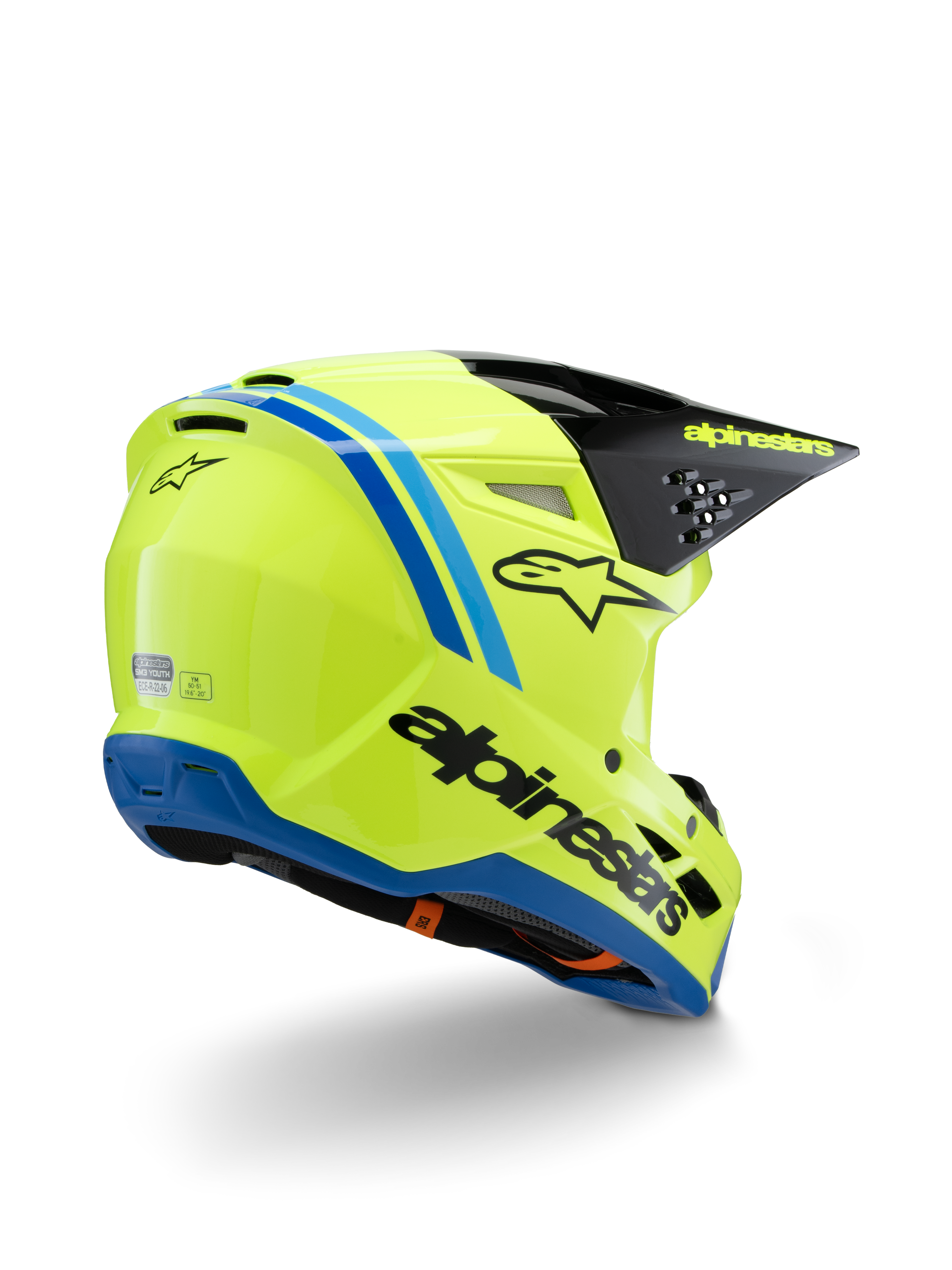 Alpinestars S-M3 Youth Radium Helm ECE 22.06, motorcrosshelm, fluogeel met zwarte en blauwe accenten, driekwart achteraanzicht met zwart vizier, geel logo en blauwe rand aan de onderkant