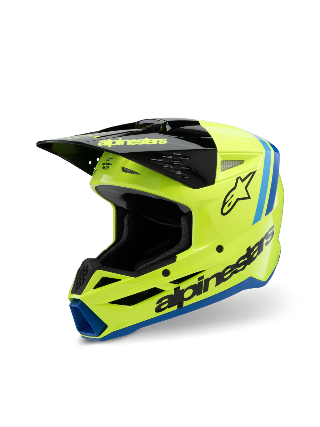 Alpinestars S-M3 Youth Radium Helm, motorcrosshelm, fluogeel, zwart en blauw, voorzien van een zwarte klep, opvallend Alpinestars-logo op de zijkant, blauwe accenten op de rand, hoogwaardige beschermende uitrusting voor jonge rijders