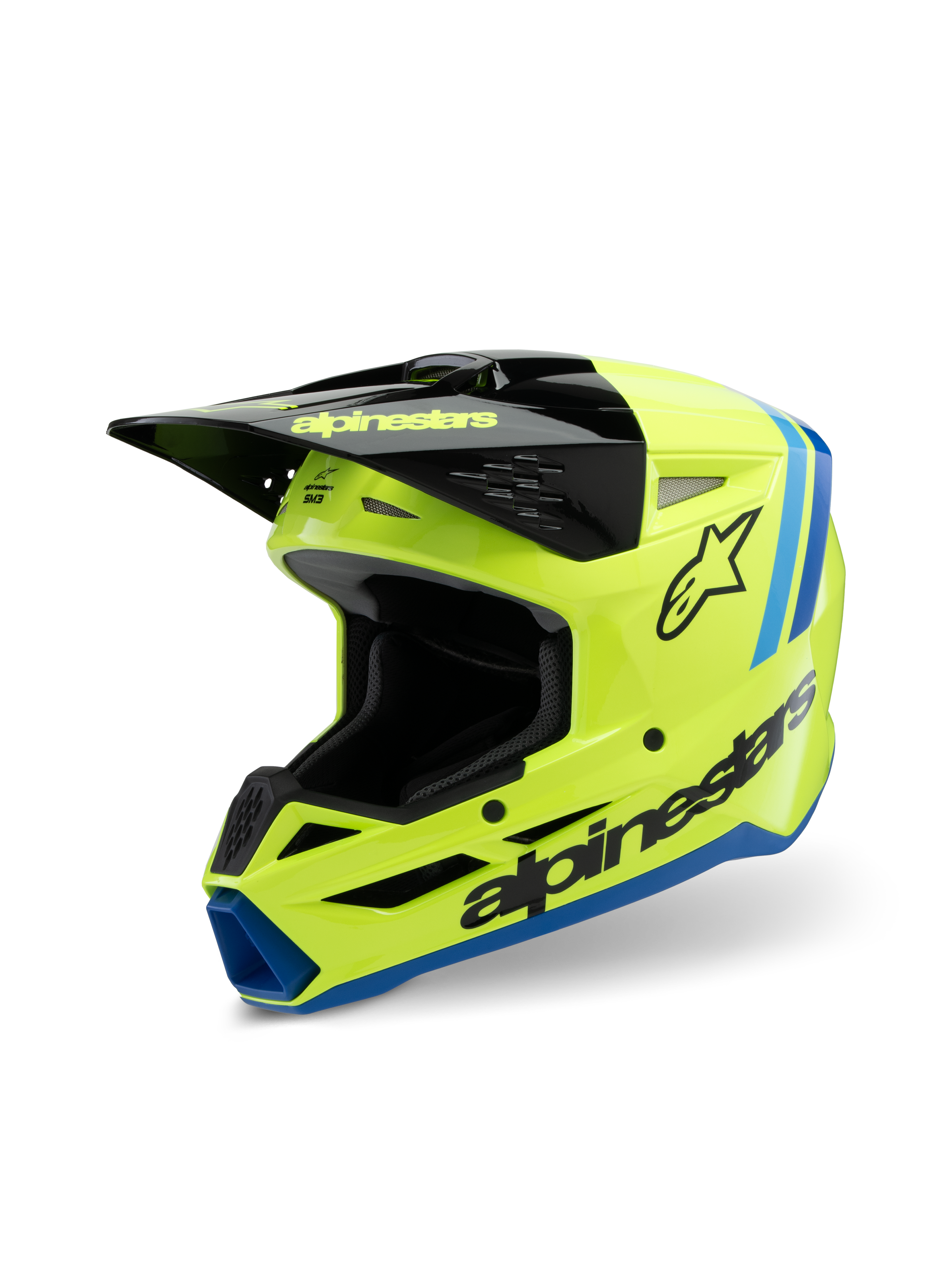 Alpinestars S-M3 Youth Radium Helm, motorcrosshelm, fluogeel, zwart en blauw, voorzien van een zwarte klep, opvallend Alpinestars-logo op de zijkant, blauwe accenten op de rand, hoogwaardige beschermende uitrusting voor jonge rijders