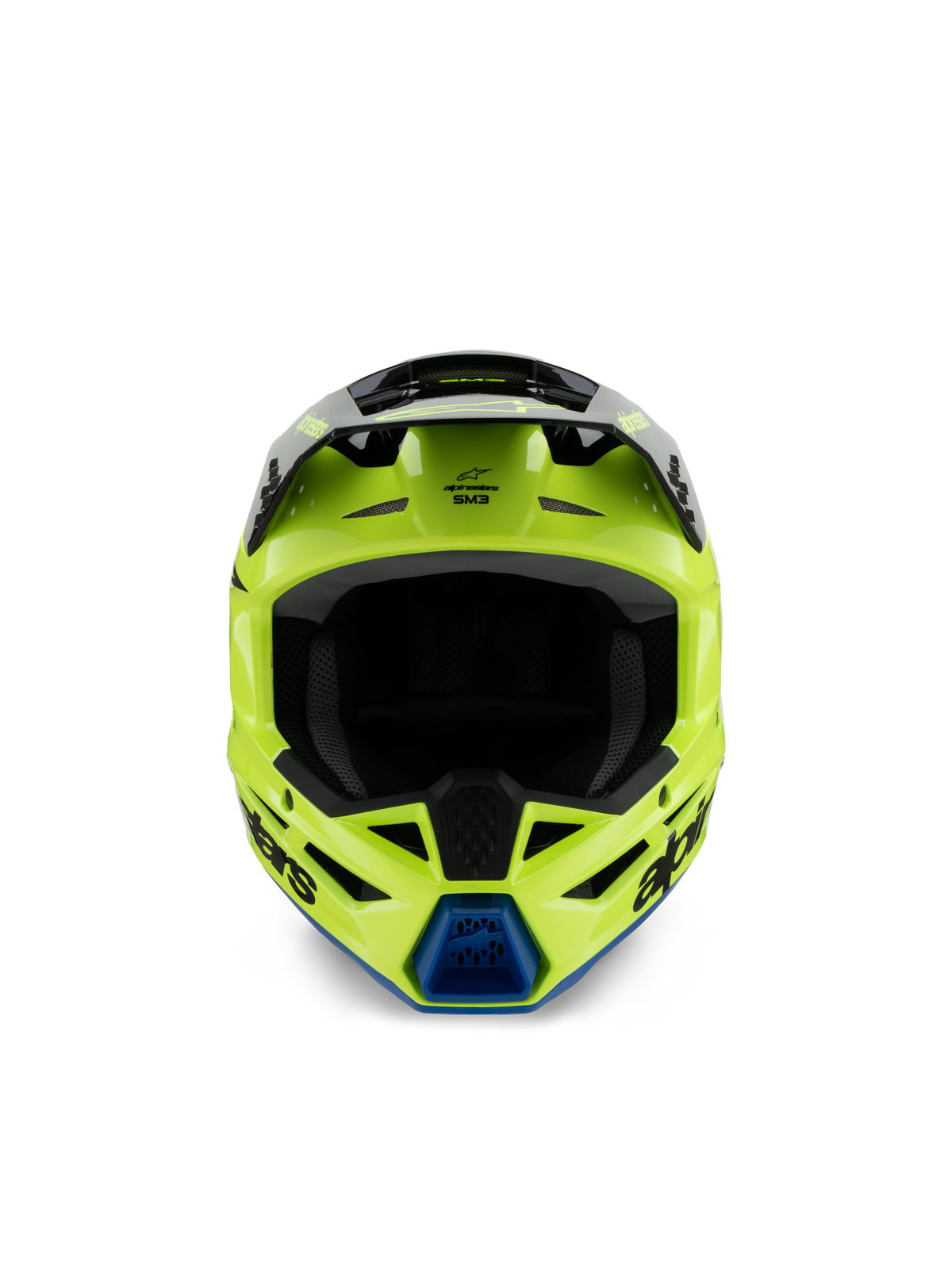 Alpinestars S-M3 Youth Radium helm, motorcrosshelm, geel fluo, zwart en blauw, vooraanzicht met zwart vizier en blauwe kinventilatie, opvallende Alpinestars-branding, gestroomlijnd aerodynamisch profiel voor jeugd off-road racen