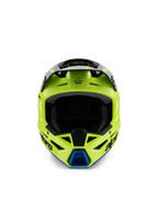 Alpinestars S-M3 Youth Radium helm, motorcrosshelm, geel fluo, zwart en blauw, vooraanzicht met zwart vizier en blauwe kinventilatie, opvallende Alpinestars-branding, gestroomlijnd aerodynamisch profiel voor jeugd off-road racen