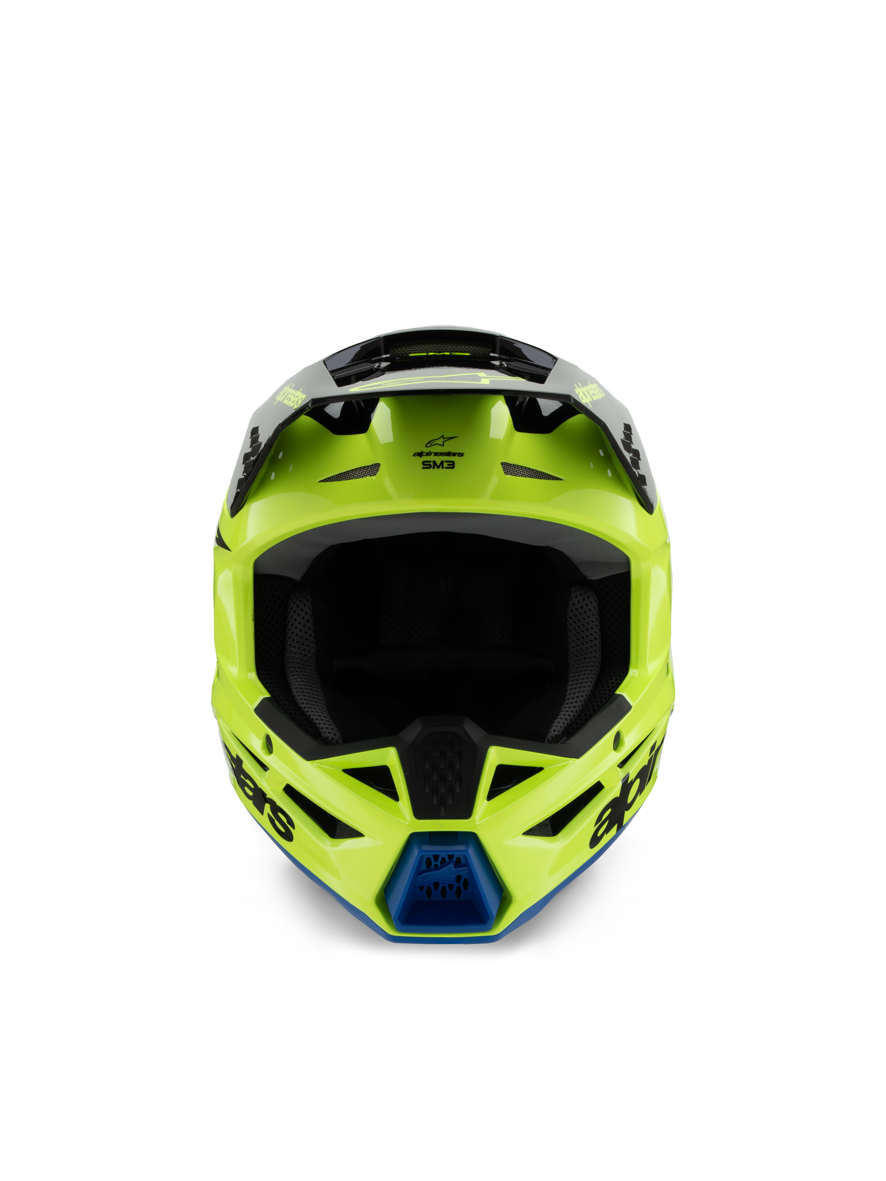 Alpinestars S-M3 Youth Radium helm, motorcrosshelm, geel fluo, zwart en blauw, vooraanzicht met zwart vizier en blauwe kinventilatie, opvallende Alpinestars-branding, gestroomlijnd aerodynamisch profiel voor jeugd off-road racen