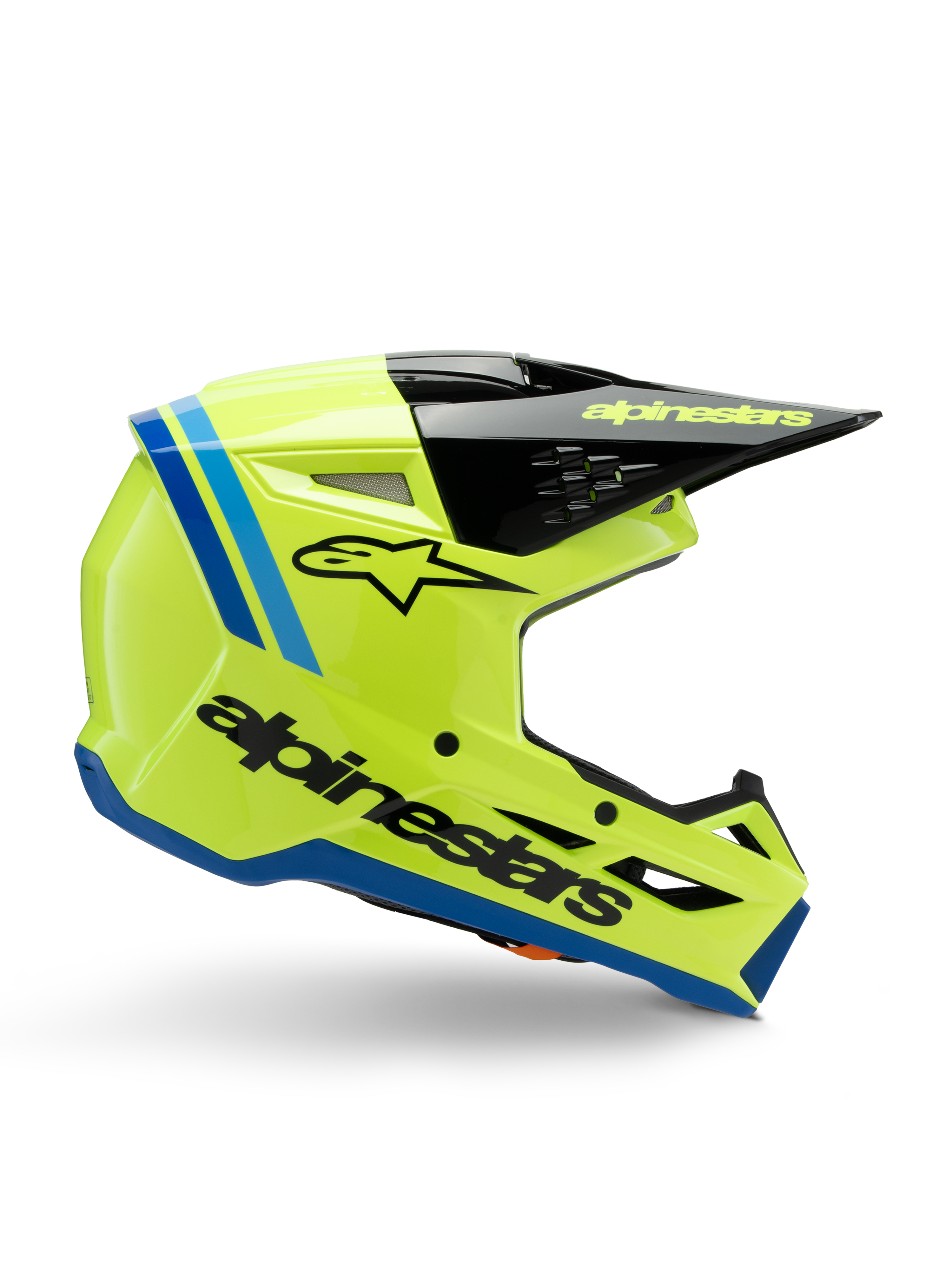 Alpinestars S-M3 Youth Radium helm, motorcrosshelm voor jongeren, fel fluorgeel met zwarte en blauwe accenten, zijaanzicht met aerodynamisch ontwerp, zwarte klep met geel logo, opvallende zwarte merknaam op de zijkant, ECE 22.06 gecertificeerde bescherming voor off-road racen