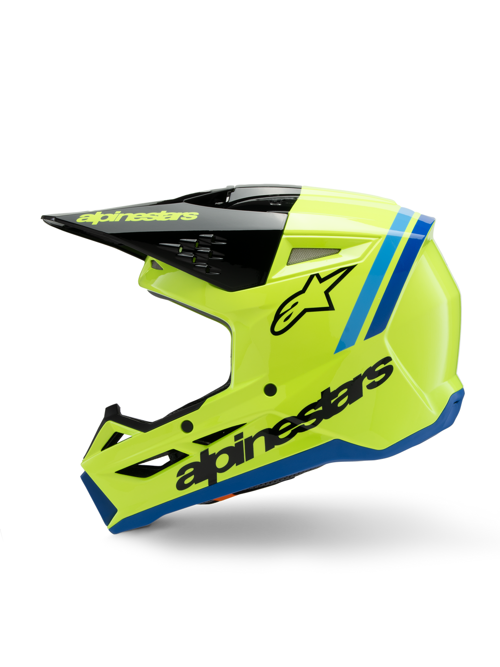 Alpinestars S-M3 Jeugd Radium helm, motorcrosshelm, fel fluorescerend geel met blauwe en zwarte accenten, met opvallende Alpinestars branding, strak aerodynamisch profiel voor jeugd off-road racing