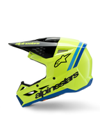 Alpinestars S-M3 Jeugd Radium helm, motorcrosshelm, fel fluorescerend geel met blauwe en zwarte accenten, met opvallende Alpinestars branding, strak aerodynamisch profiel voor jeugd off-road racing