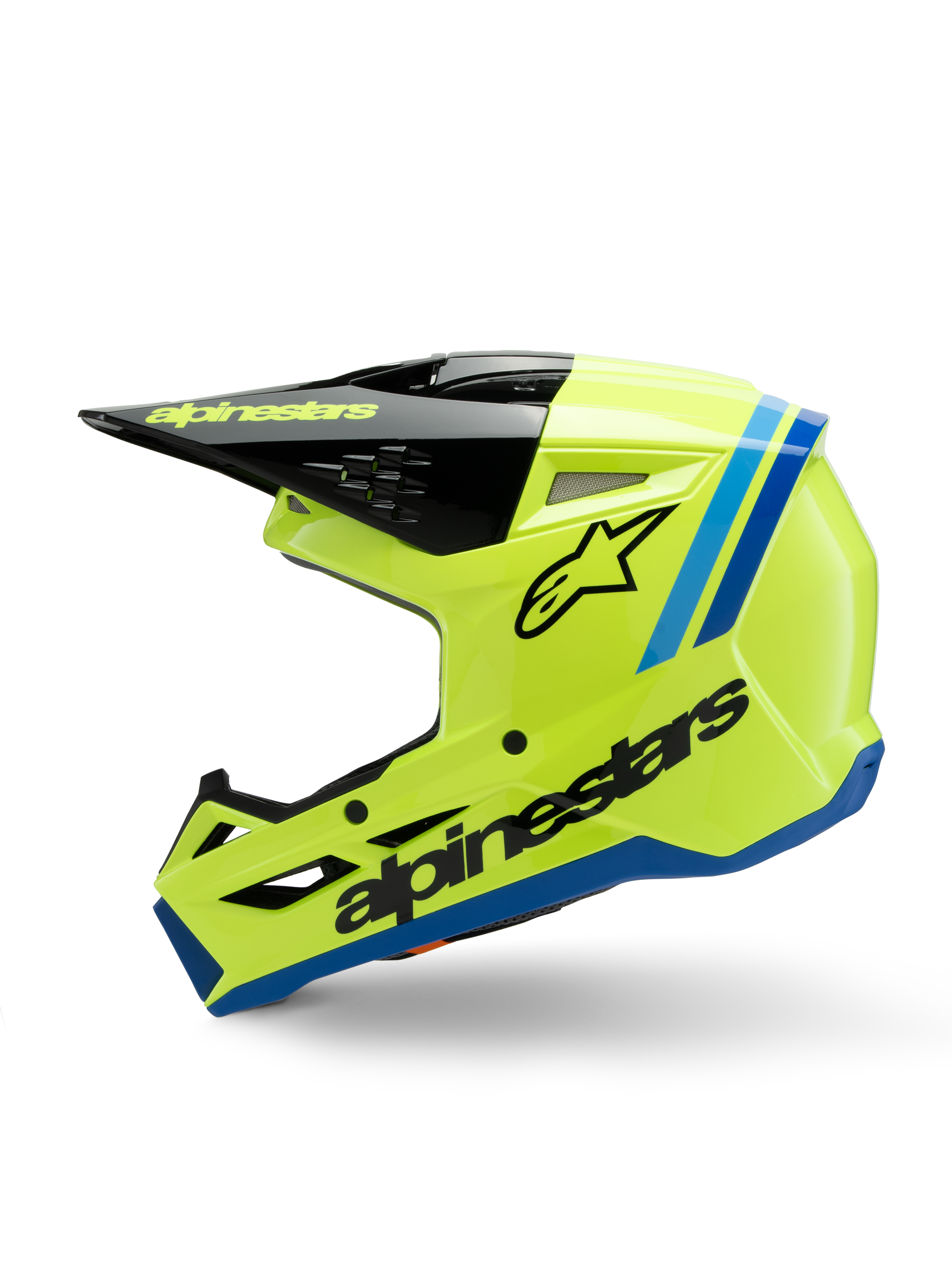 Alpinestars S-M3 Jeugd Radium helm, motorcrosshelm, fel fluorescerend geel met blauwe en zwarte accenten, met opvallende Alpinestars branding, strak aerodynamisch profiel voor jeugd off-road racing