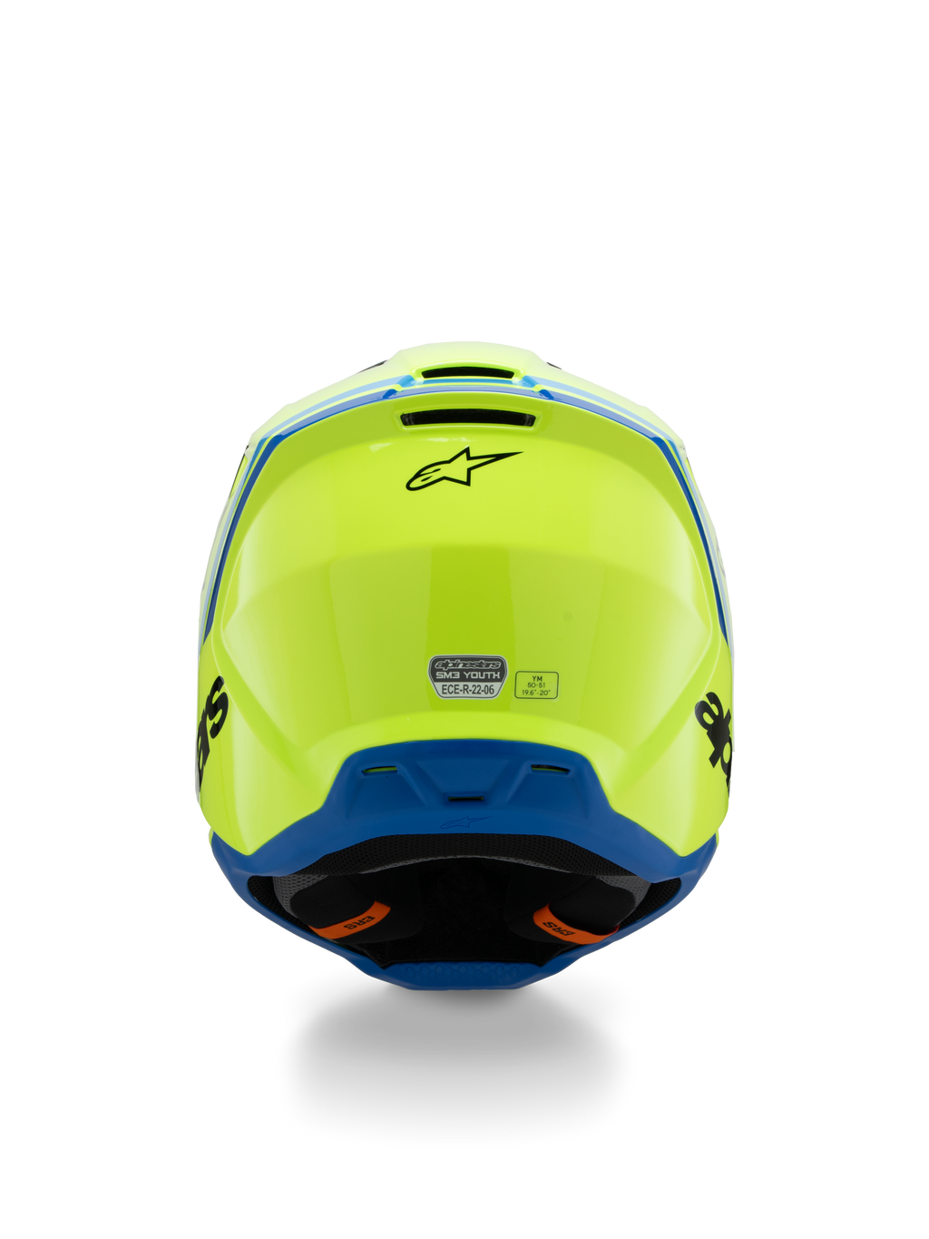 Alpinestars S-M3 Youth Radium Helm ECE 22.06, motorcrosshelm, fluogeel en blauw, achteraanzicht met zwart Alpinestars-logo en ECE-certificeringssticker, aerodynamisch schaalontwerp voor jeugd off-road racing