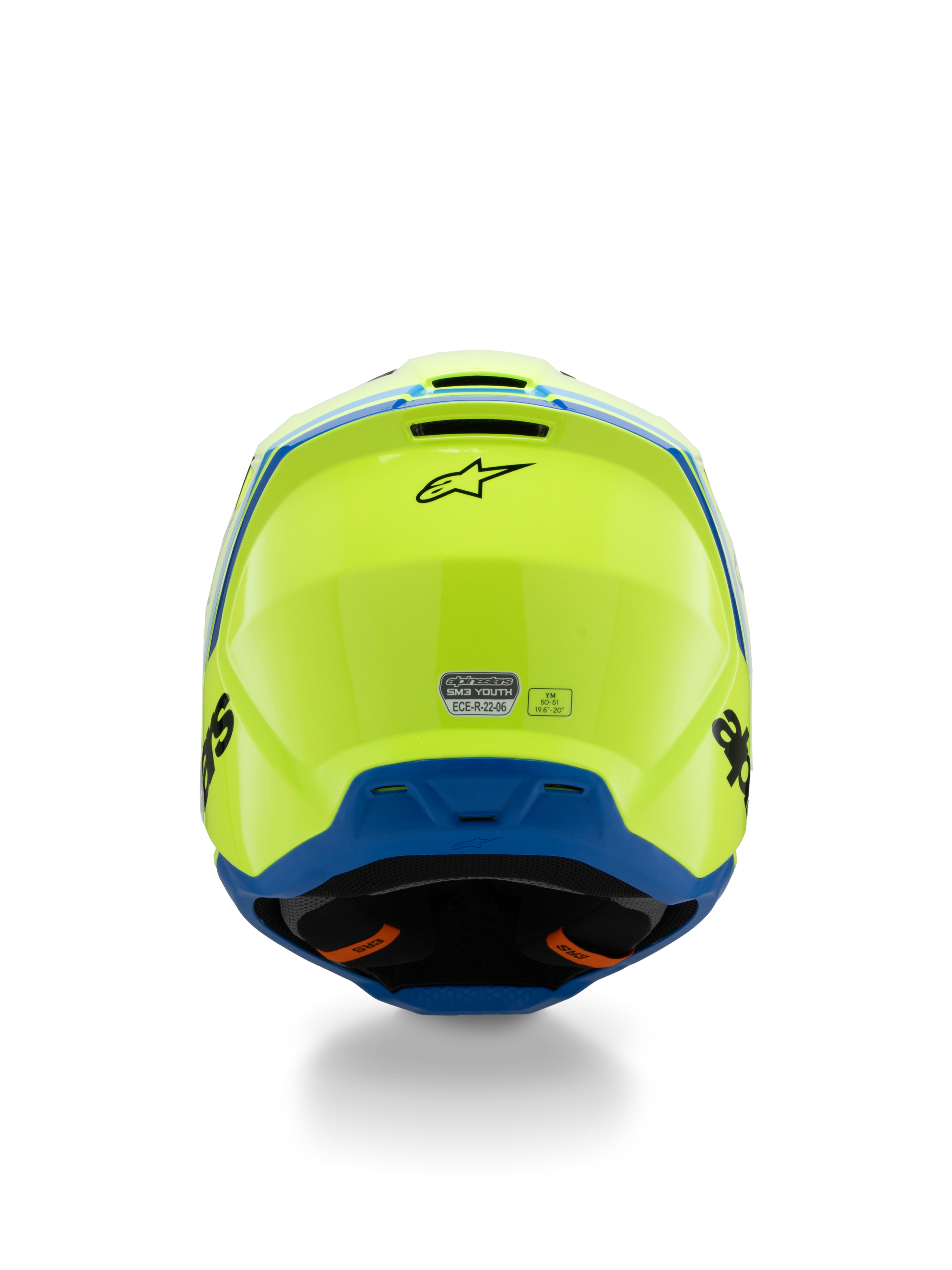 Alpinestars S-M3 Youth Radium Helm ECE 22.06, motorcrosshelm, fluogeel en blauw, achteraanzicht met zwart Alpinestars-logo en ECE-certificeringssticker, aerodynamisch schaalontwerp voor jeugd off-road racing