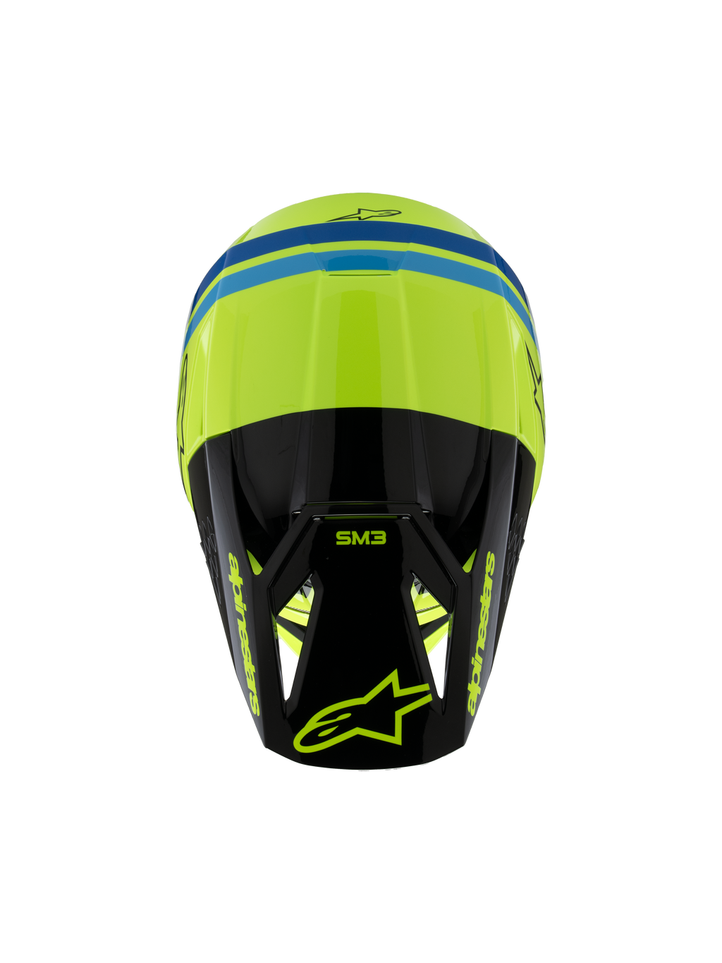 Alpinestars S-M3 Youth Radium-helm ECE 22.06, motorcrosshelm, fluogeel, zwart en blauw, bovenaanzicht met aerodynamische schaal, SM3-branding op het zwarte vizier en opvallende Alpinestars-logo's