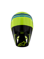 Alpinestars S-M3 Youth Radium-helm ECE 22.06, motorcrosshelm, fluogeel, zwart en blauw, bovenaanzicht met aerodynamische schaal, SM3-branding op het zwarte vizier en opvallende Alpinestars-logo's
