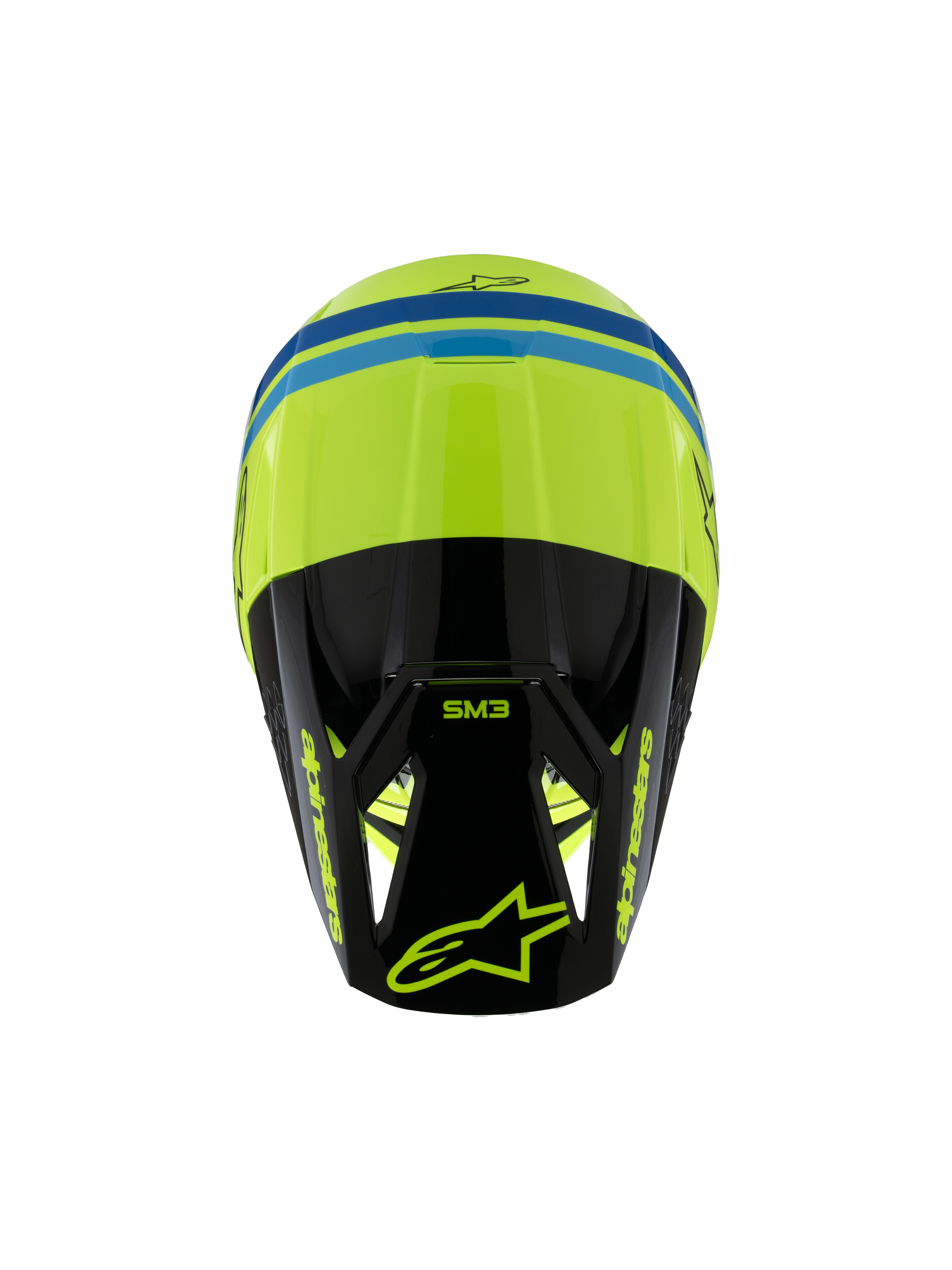 Alpinestars S-M3 Youth Radium-helm ECE 22.06, motorcrosshelm, fluogeel, zwart en blauw, bovenaanzicht met aerodynamische schaal, SM3-branding op het zwarte vizier en opvallende Alpinestars-logo's