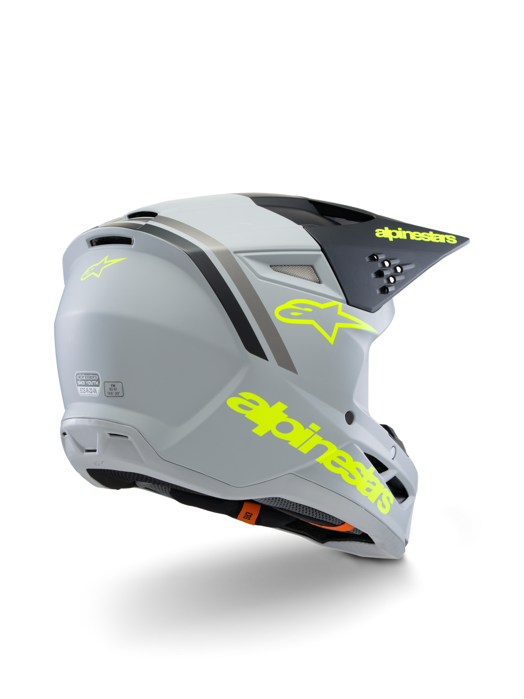 Alpinestars S-M3 Jeugd Radium Helm ECE 22.06, motorcrosshelm, grijs zwart en mat fluogeel, driekwart achteraanzicht met opvallende gele branding en ster-logo, gestroomlijnde aerodynamische schaal met ventilatie voor off-road rijden