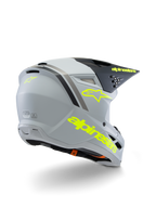 Alpinestars S-M3 Jeugd Radium Helm ECE 22.06, motorcrosshelm, grijs zwart en mat fluogeel, driekwart achteraanzicht met opvallende gele branding en ster-logo, gestroomlijnde aerodynamische schaal met ventilatie voor off-road rijden