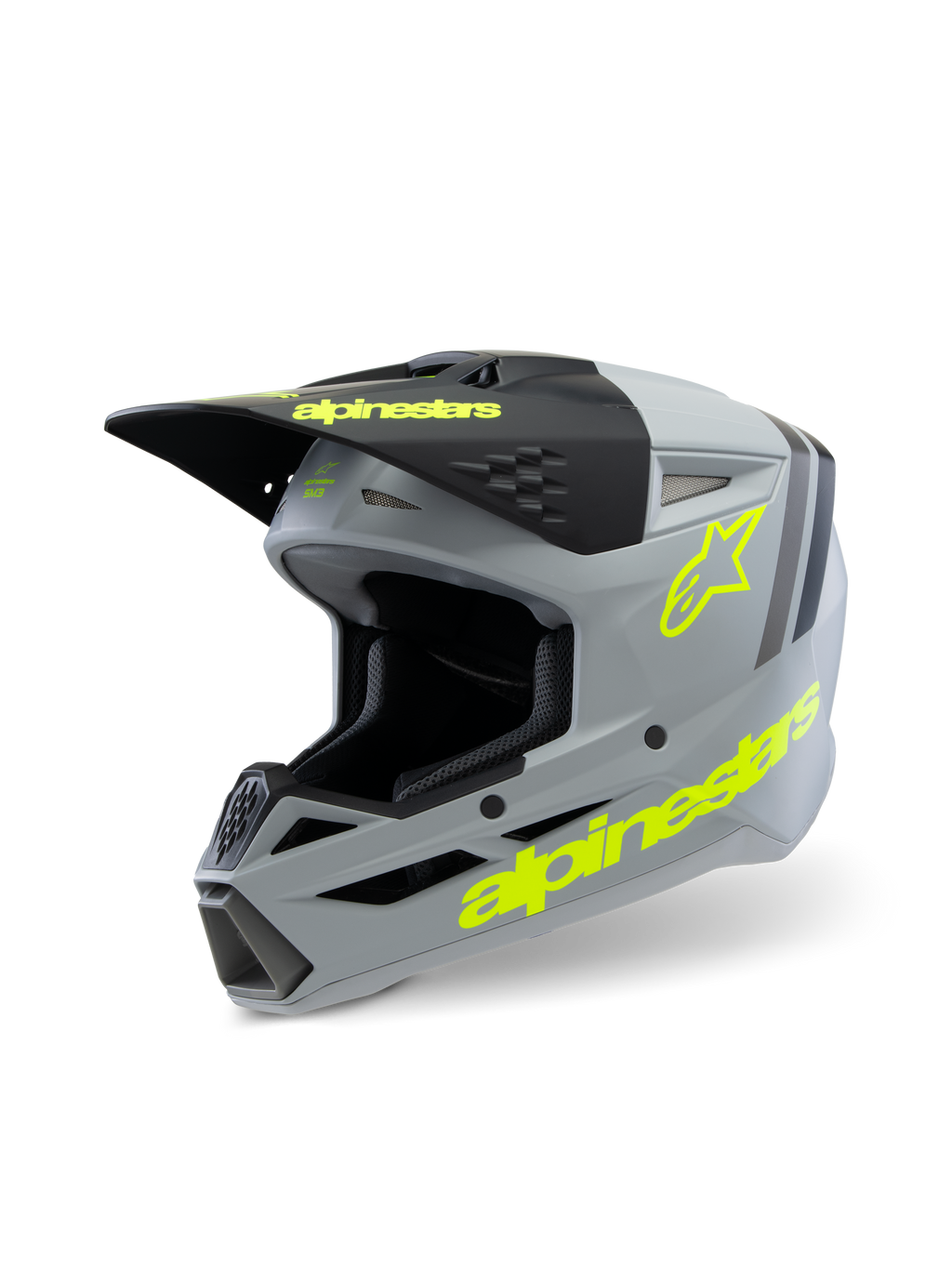 Alpinestars S-M3 Youth Radium Helm ECE 22.06, motorcrosshelm, matgrijs en zwart met fluorescerend gele accenten, voorzien van opvallende Alpinestars-branding en sterlogo, off-road beschermingsuitrusting voor de jeugd