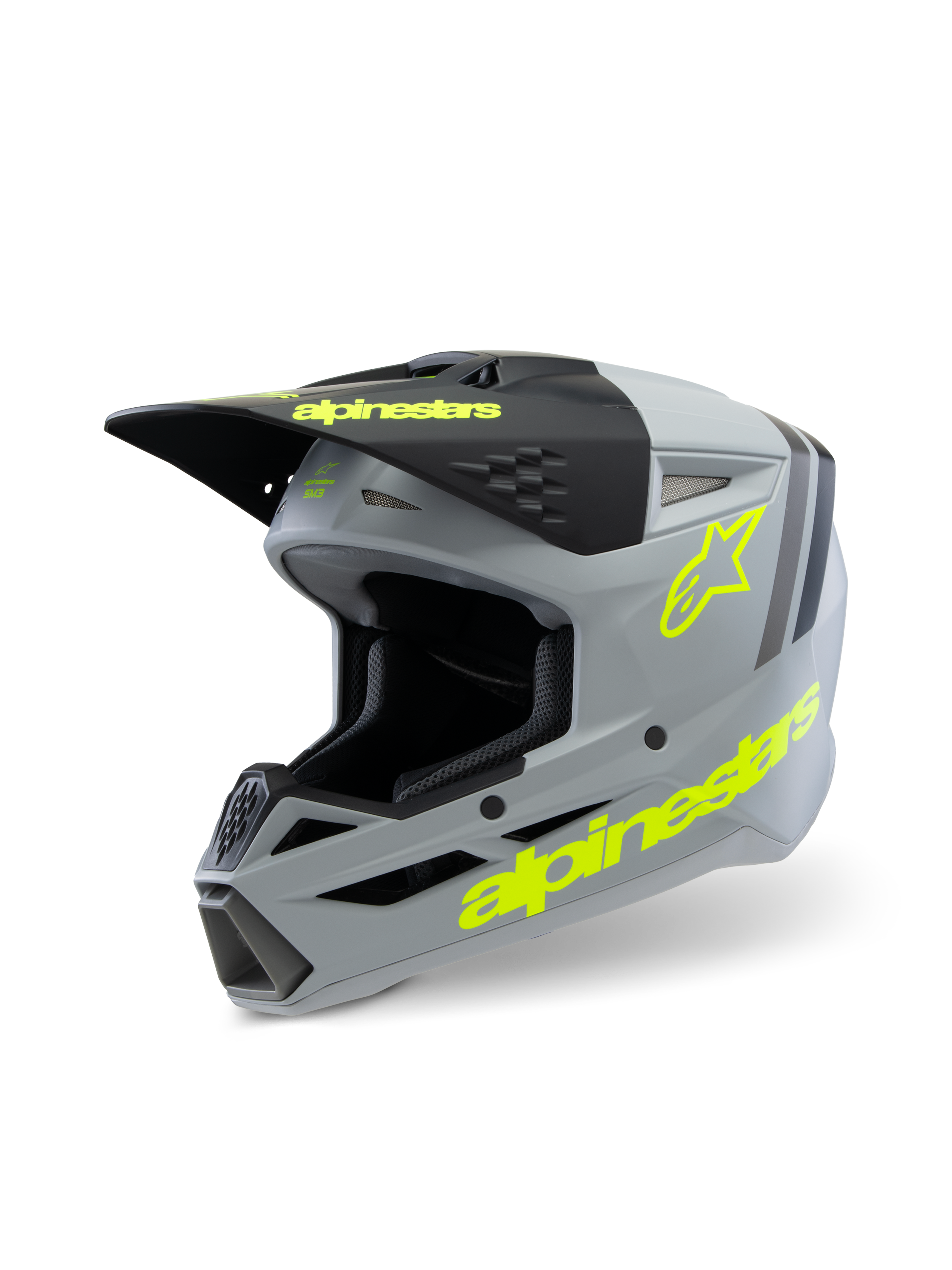 Alpinestars S-M3 Youth Radium Helm ECE 22.06, motorcrosshelm, matgrijs en zwart met fluorescerend gele accenten, voorzien van opvallende Alpinestars-branding en sterlogo, off-road beschermingsuitrusting voor de jeugd