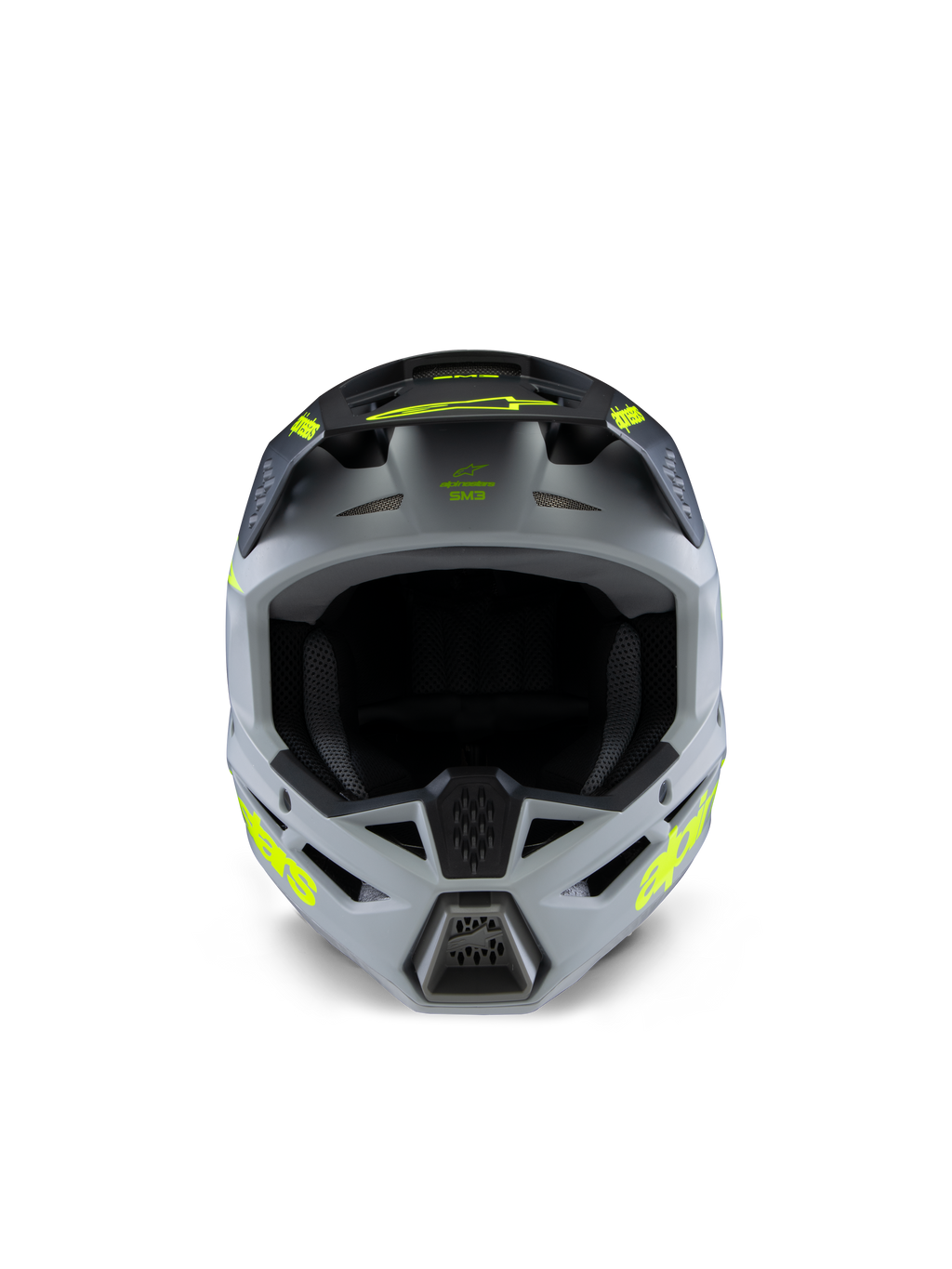 Alpinestars S-M3 Jeugd Radium helm, motorcrosshelm, grijs, zwart en fluogeel mat, vooraanzicht met een agressieve hoekige schaal, opvallende gele logo's op de zijkanten en de klep, matte afwerking ontworpen voor jeugd off-road en MX-races