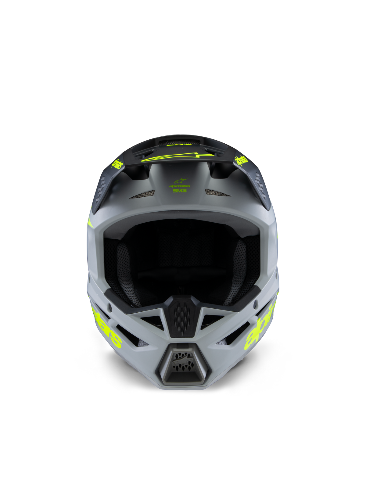 Alpinestars S-M3 Jeugd Radium helm, motorcrosshelm, grijs, zwart en fluogeel mat, vooraanzicht met een agressieve hoekige schaal, opvallende gele logo's op de zijkanten en de klep, matte afwerking ontworpen voor jeugd off-road en MX-races