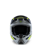 Alpinestars S-M3 Jeugd Radium helm, motorcrosshelm, grijs, zwart en fluogeel mat, vooraanzicht met een agressieve hoekige schaal, opvallende gele logo's op de zijkanten en de klep, matte afwerking ontworpen voor jeugd off-road en MX-races