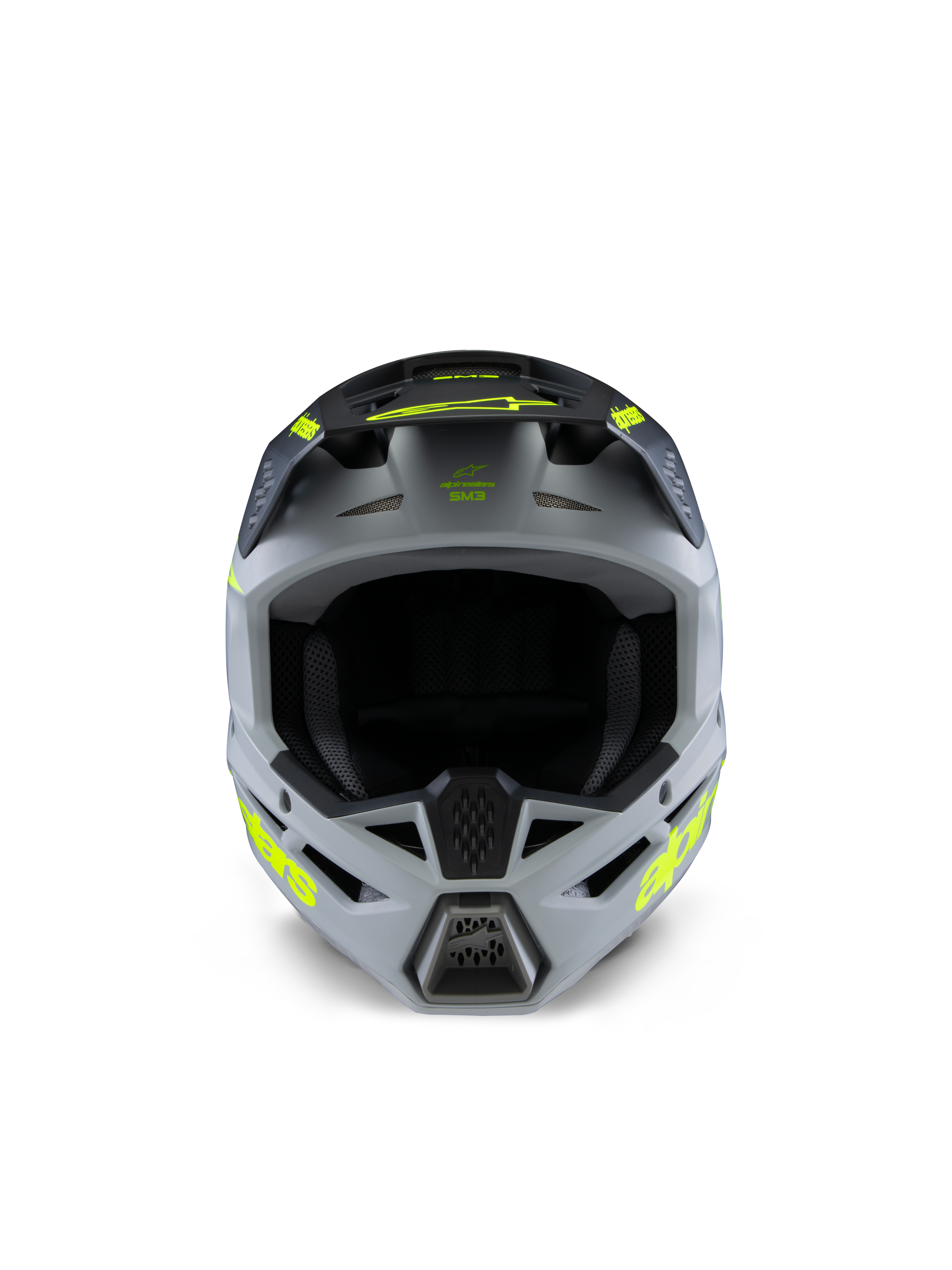 Alpinestars S-M3 Jeugd Radium helm, motorcrosshelm, grijs, zwart en fluogeel mat, vooraanzicht met een agressieve hoekige schaal, opvallende gele logo's op de zijkanten en de klep, matte afwerking ontworpen voor jeugd off-road en MX-races