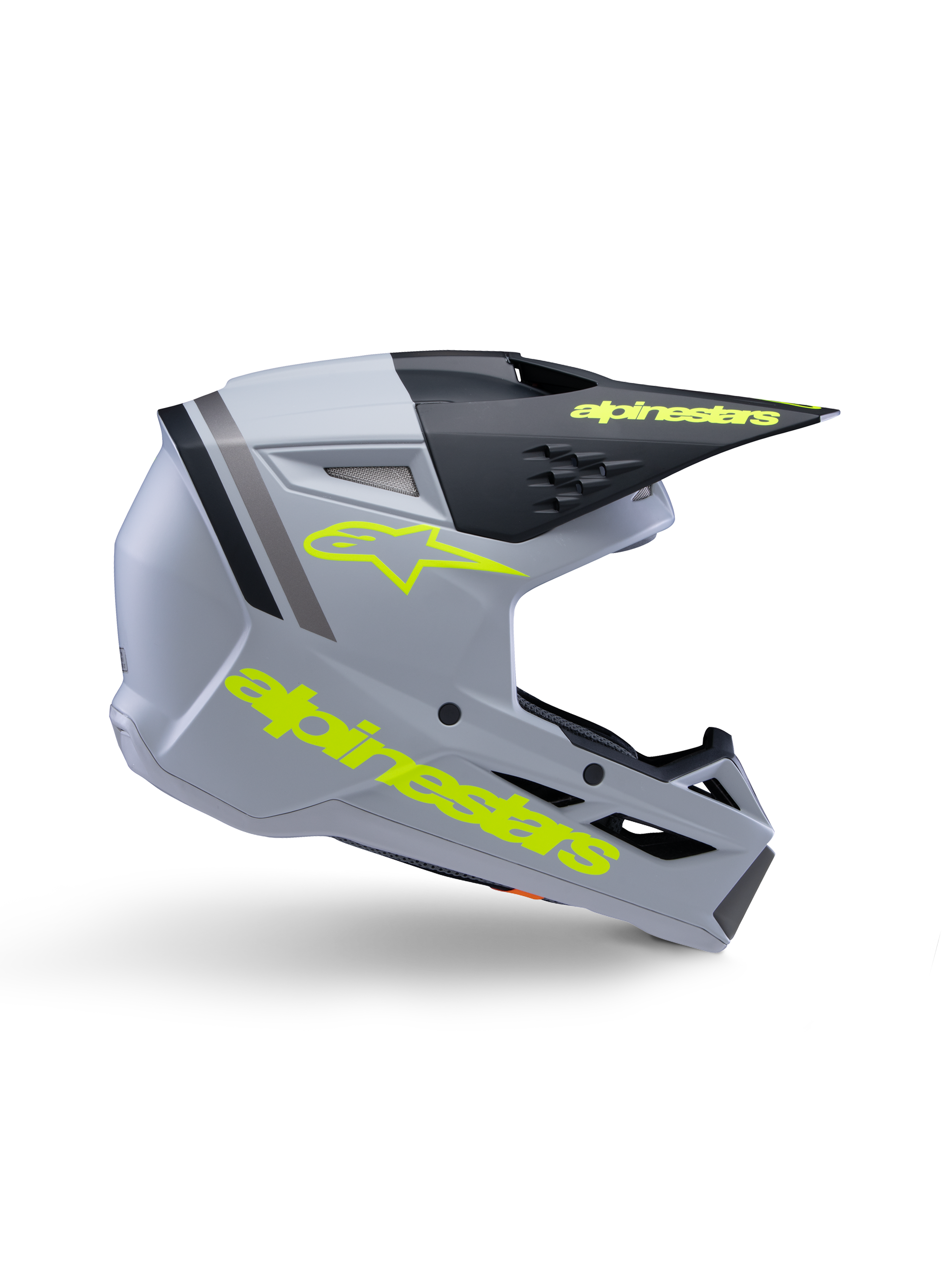 Alpinestars S-M3 Youth Radium helm ECE 22.06, jeugd motorcrosshelm, mat grijs en zwart met neongele branding, zijprofiel met Alpinestars-logo en tekst, aerodynamisch ontwerp met geïntegreerde ventilatie en zwart vizier.