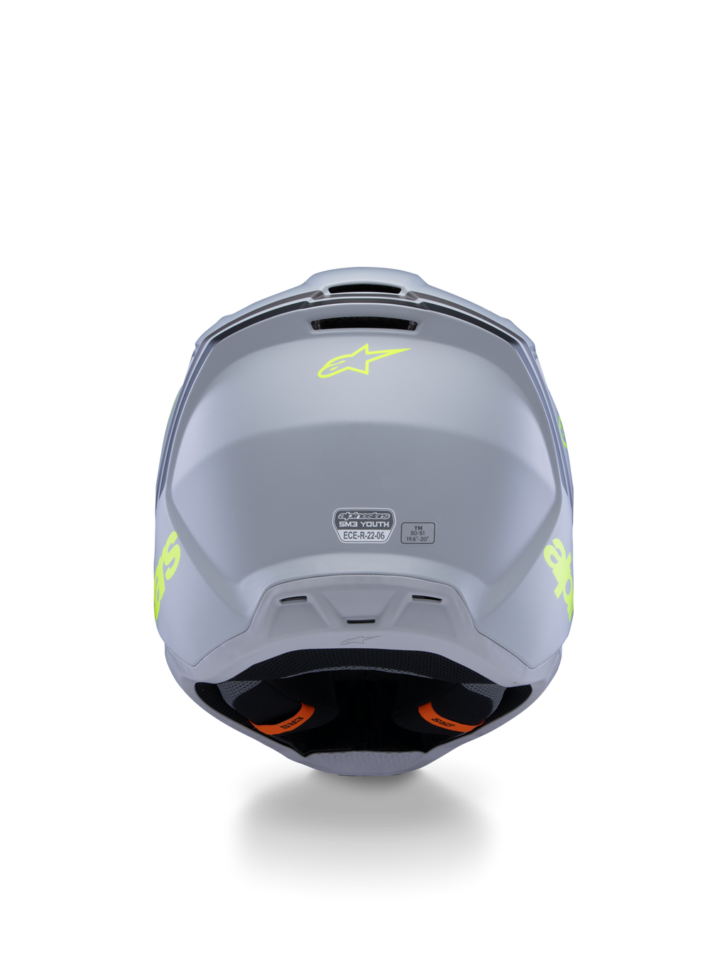 Alpinestars S-M3 Jeugd Radium Helm ECE 22.06, motorcrosshelm, grijs, zwart en geel fluo mat, achteraanzicht met ventilatieopeningen en certificeringslabels, fluorgeel sterlogo, aerodynamisch schaalontwerp voor motorcross en off-road racing