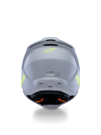 Alpinestars S-M3 Jeugd Radium Helm ECE 22.06, motorcrosshelm, grijs, zwart en geel fluo mat, achteraanzicht met ventilatieopeningen en certificeringslabels, fluorgeel sterlogo, aerodynamisch schaalontwerp voor motorcross en off-road racing