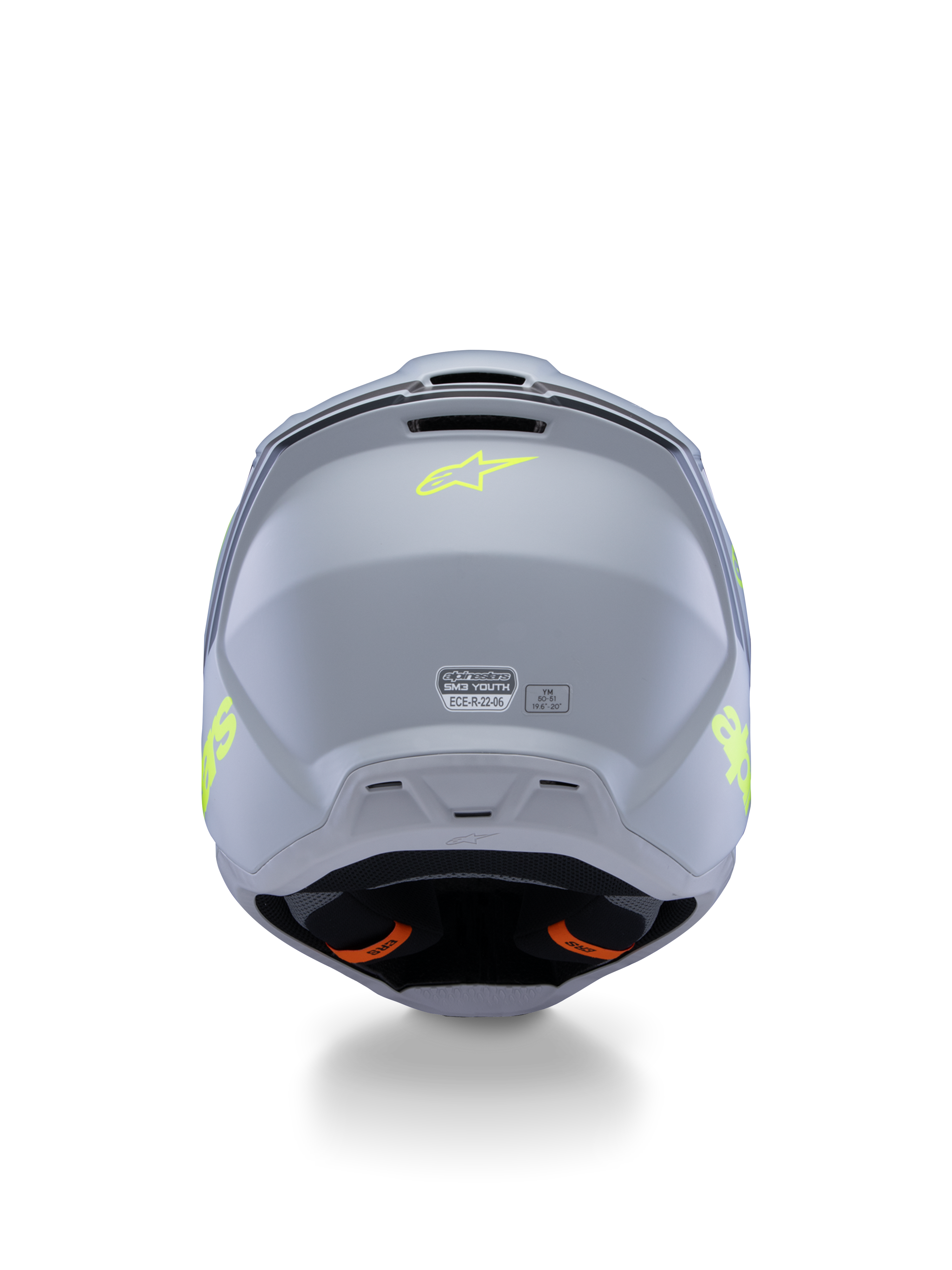Alpinestars S-M3 Jeugd Radium Helm ECE 22.06, motorcrosshelm, grijs, zwart en geel fluo mat, achteraanzicht met ventilatieopeningen en certificeringslabels, fluorgeel sterlogo, aerodynamisch schaalontwerp voor motorcross en off-road racing