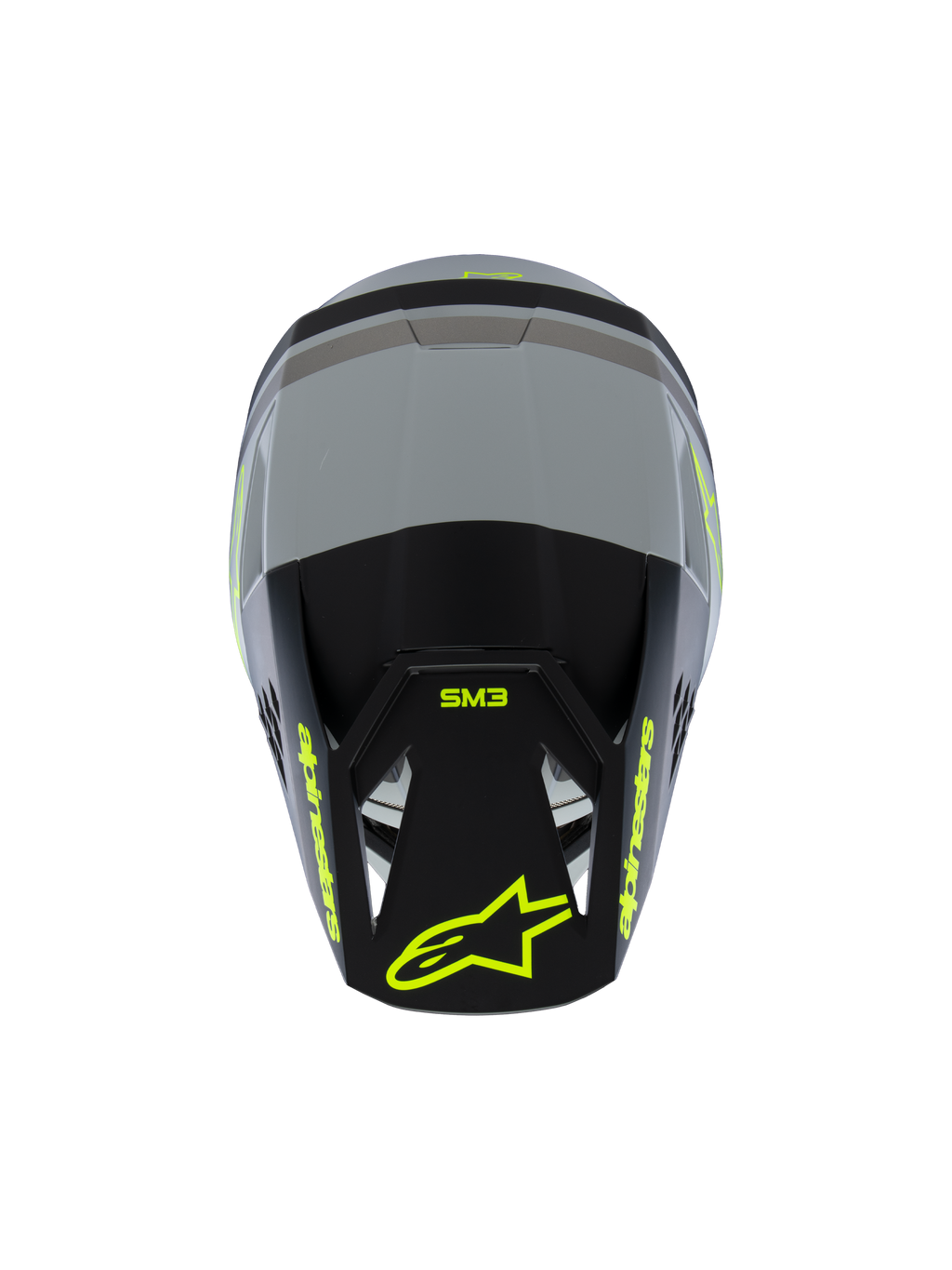 Alpinestars S-M3 Jeugd Radium helm ECE 22.06, motocrosshelm, mat grijs en zwart met fluorescerend gele accenten, bovenaanzicht met Alpinestars- en SM3-branding, gespecialiseerde off-road hoofdbescherming voor de jeugd