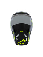 Alpinestars S-M3 Jeugd Radium helm ECE 22.06, motocrosshelm, mat grijs en zwart met fluorescerend gele accenten, bovenaanzicht met Alpinestars- en SM3-branding, gespecialiseerde off-road hoofdbescherming voor de jeugd